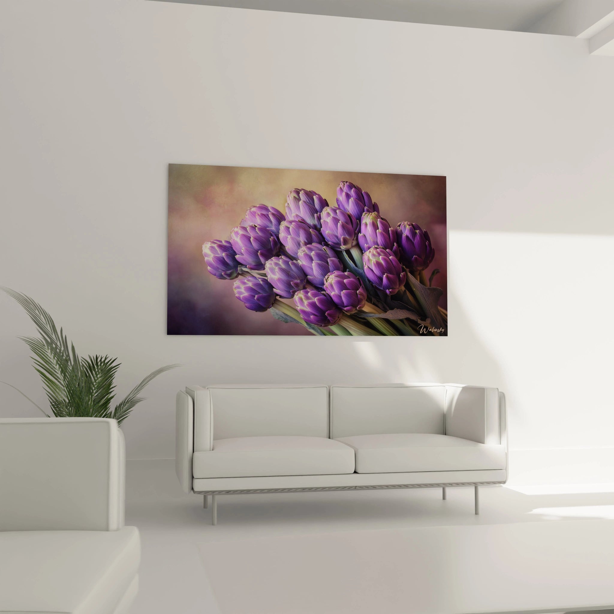 Tableau artichaut représentant des artichauts violets serrés, tiges vert pâle, ombres douces sur chaque feuille et un arrière-plan dégradé aux tons beiges.