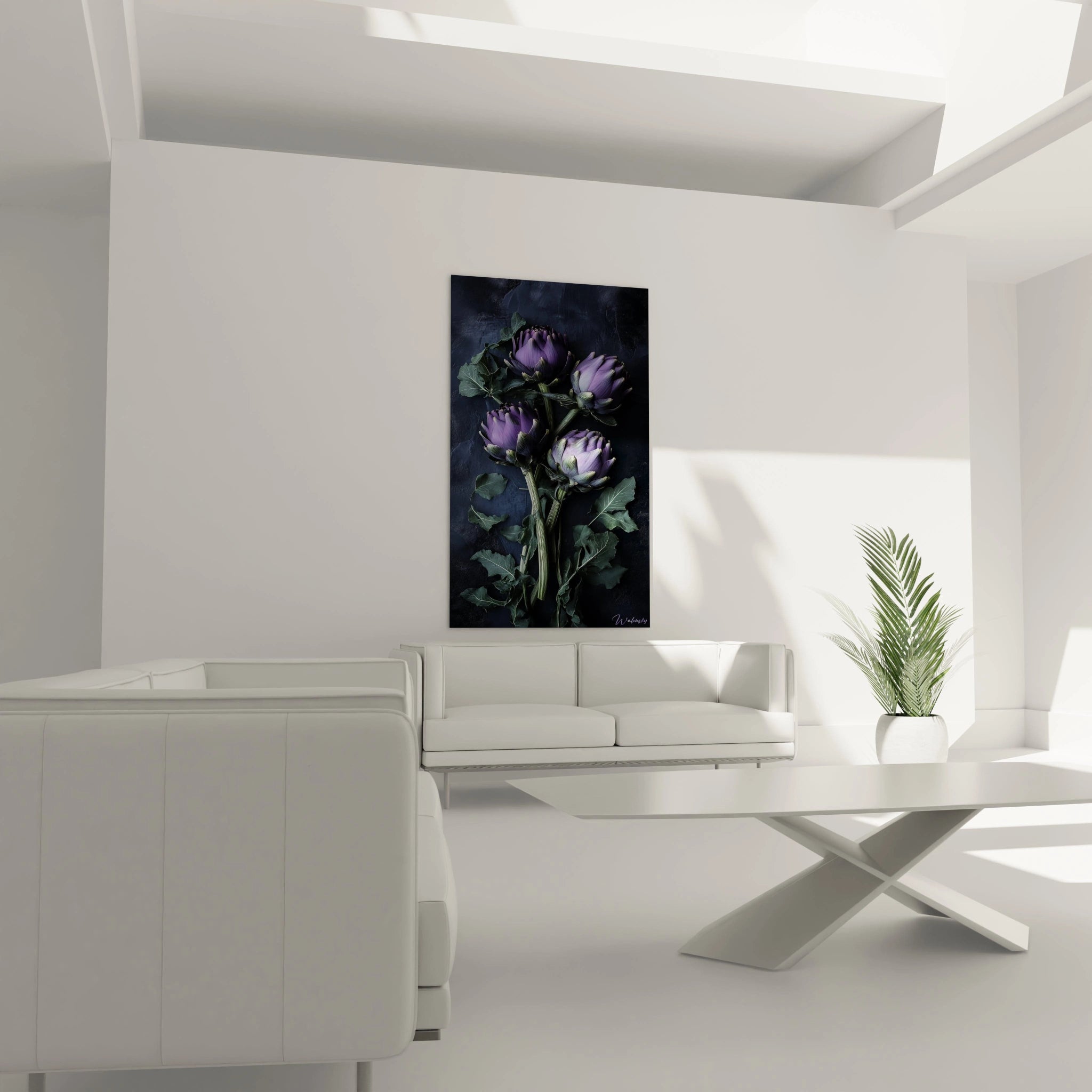 Un tableau artichaut représentant quatre têtes violettes et des tiges vertes, placées sur une surface noire contrastée, mettant en évidence des formes organiques et un rendu détaillé.