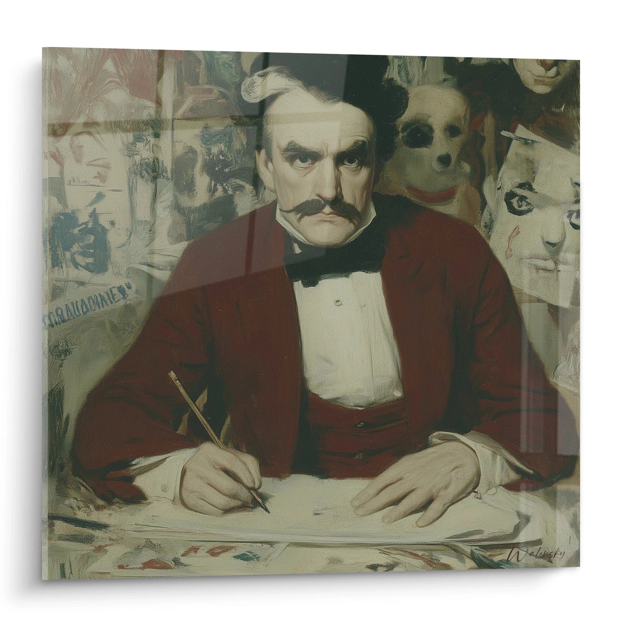 Portrait d'artiste dans son atelier, tableau artiste réaliste plume, homme moustachu dessinant au bureau