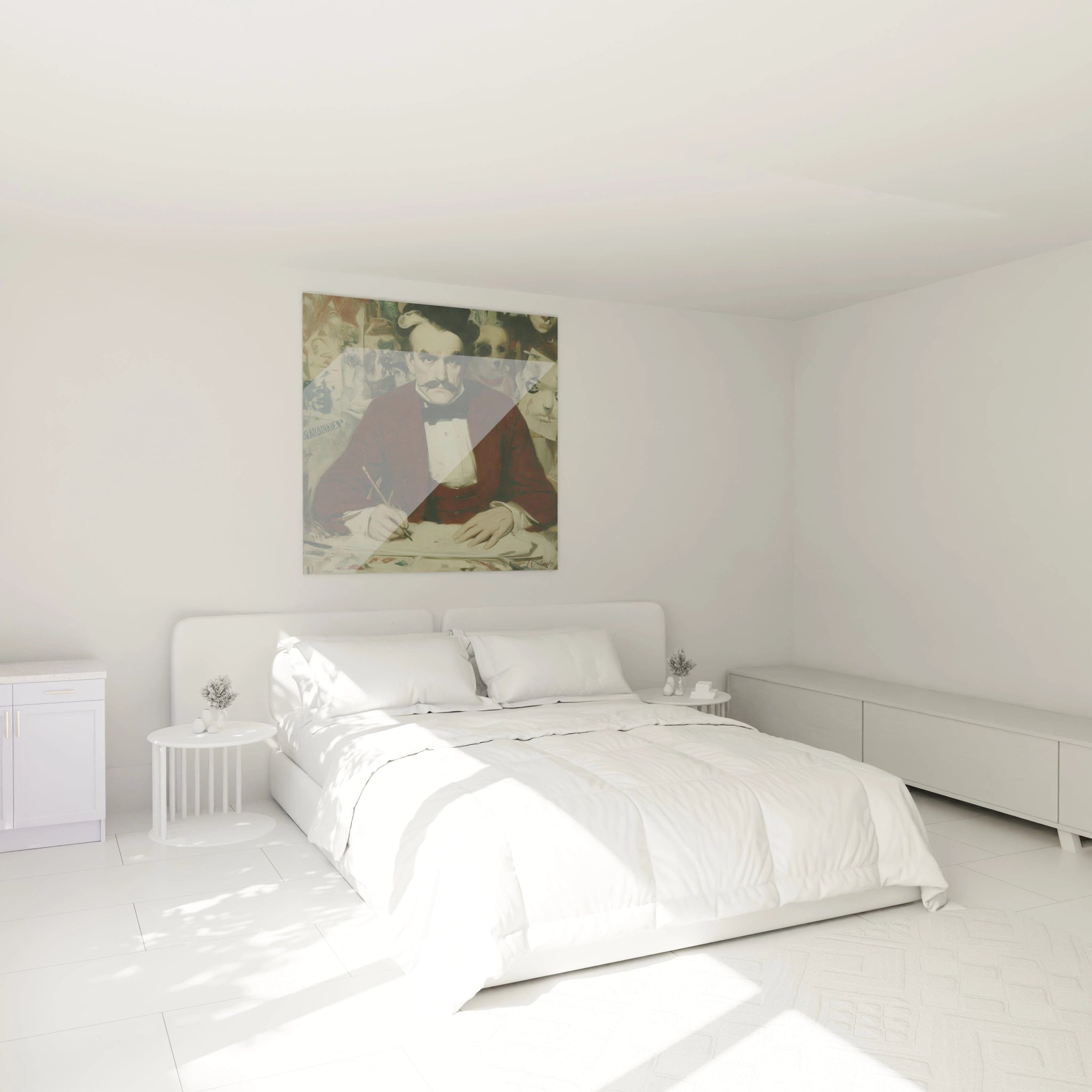 tableau artiste réaliste plume Walensky accroche au dessus du lit blanc minimaliste dans une chambre lumineuse