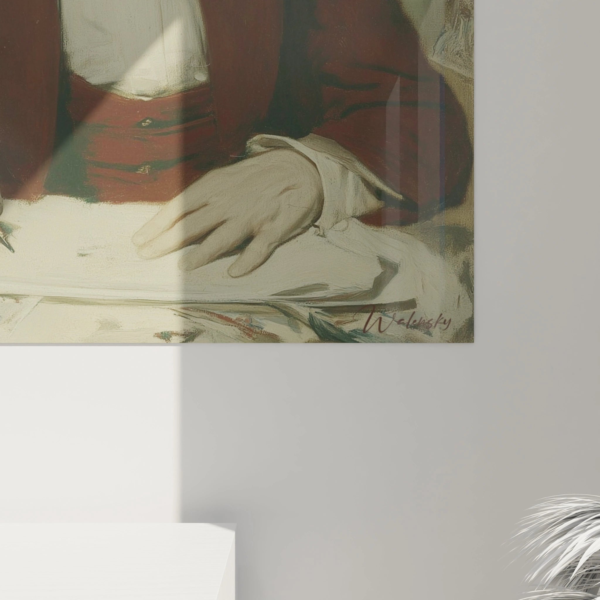 Tableau mural Walensky portrait réaliste d homme en veste rouge main sur livre avec plume tableau artiste réaliste plume