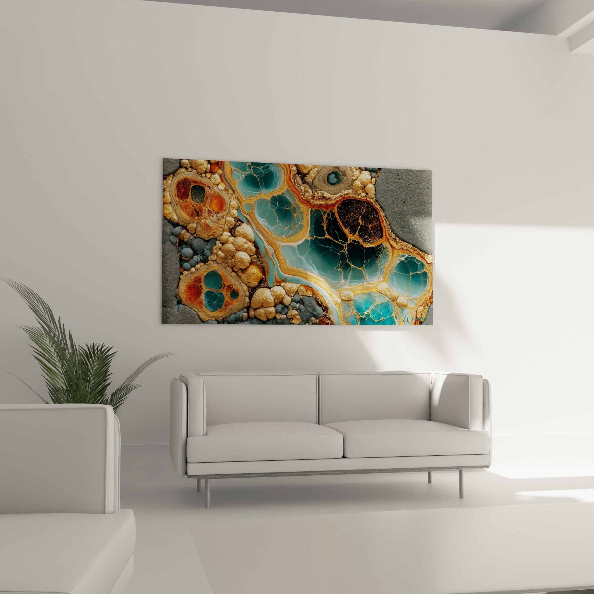 Alvéoles ambrées et turquoise d'une composition minérale dorée, suspendues au-dessus d'un canapé dans un salon lumineux