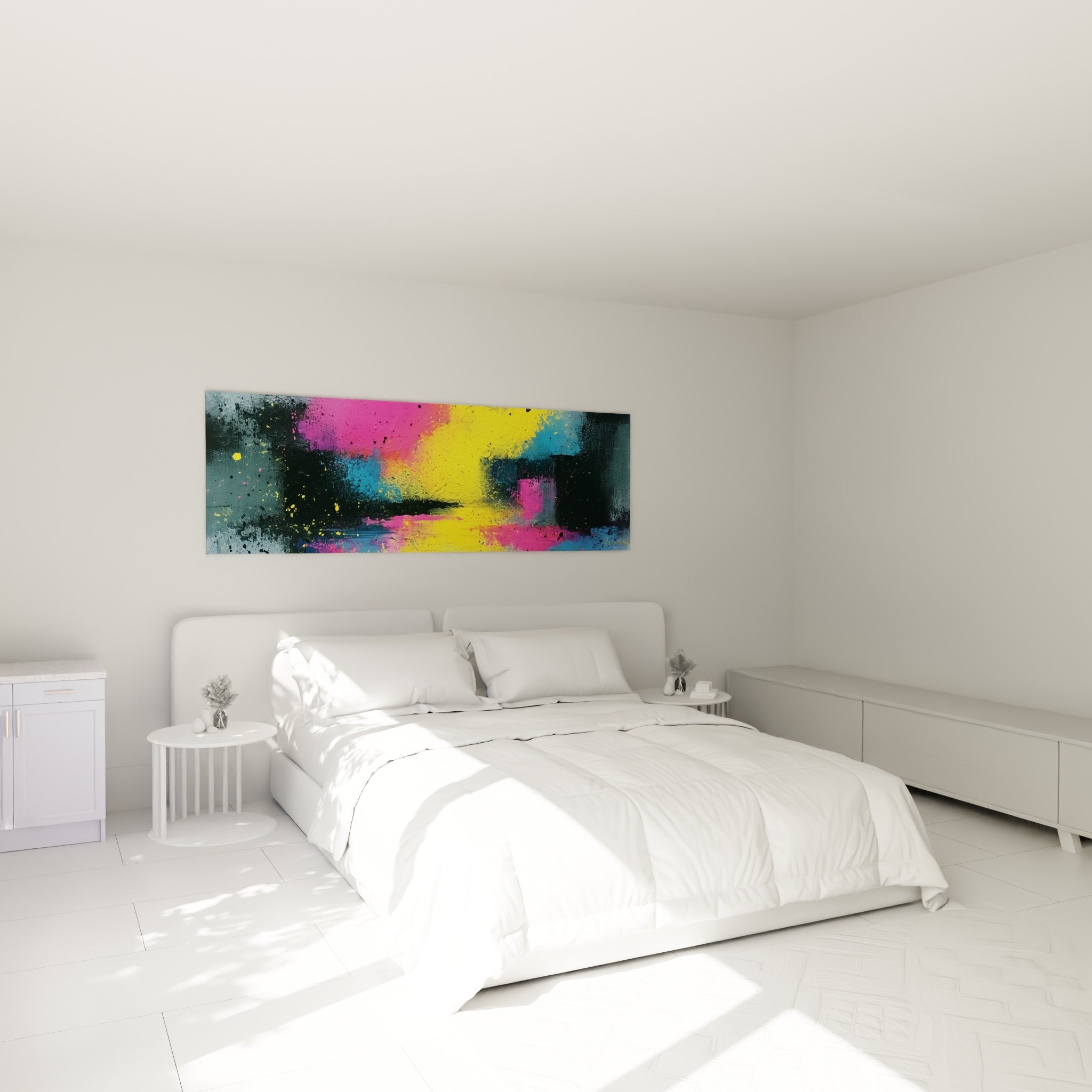 Explosion colorée jaune et rose de ce tableau artistique abstrait au-dessus d'un lit dans une chambre claire