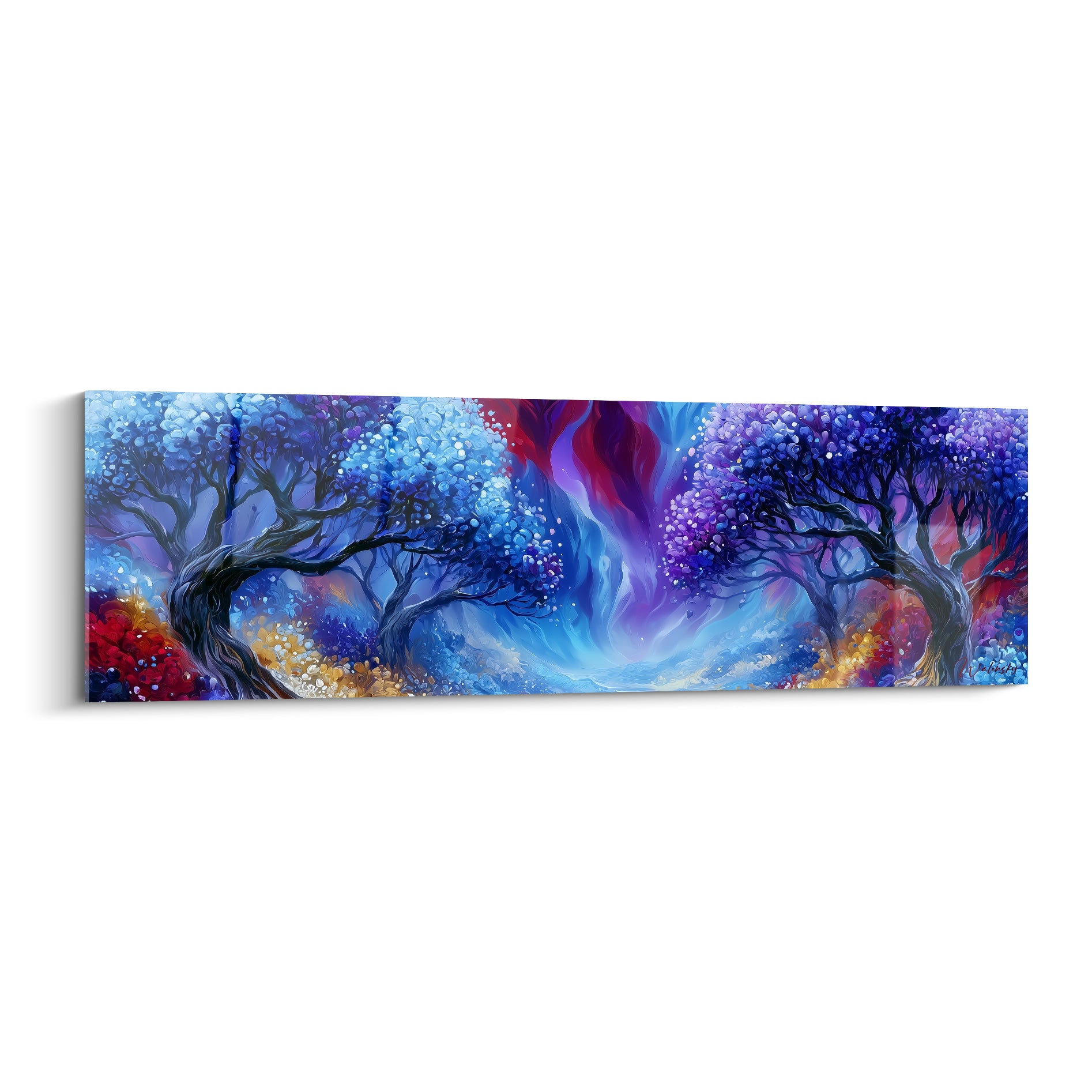 Deux arbres féeriques bleu et violet encadrent une lumière rouge et bleue, style peinture fantastique