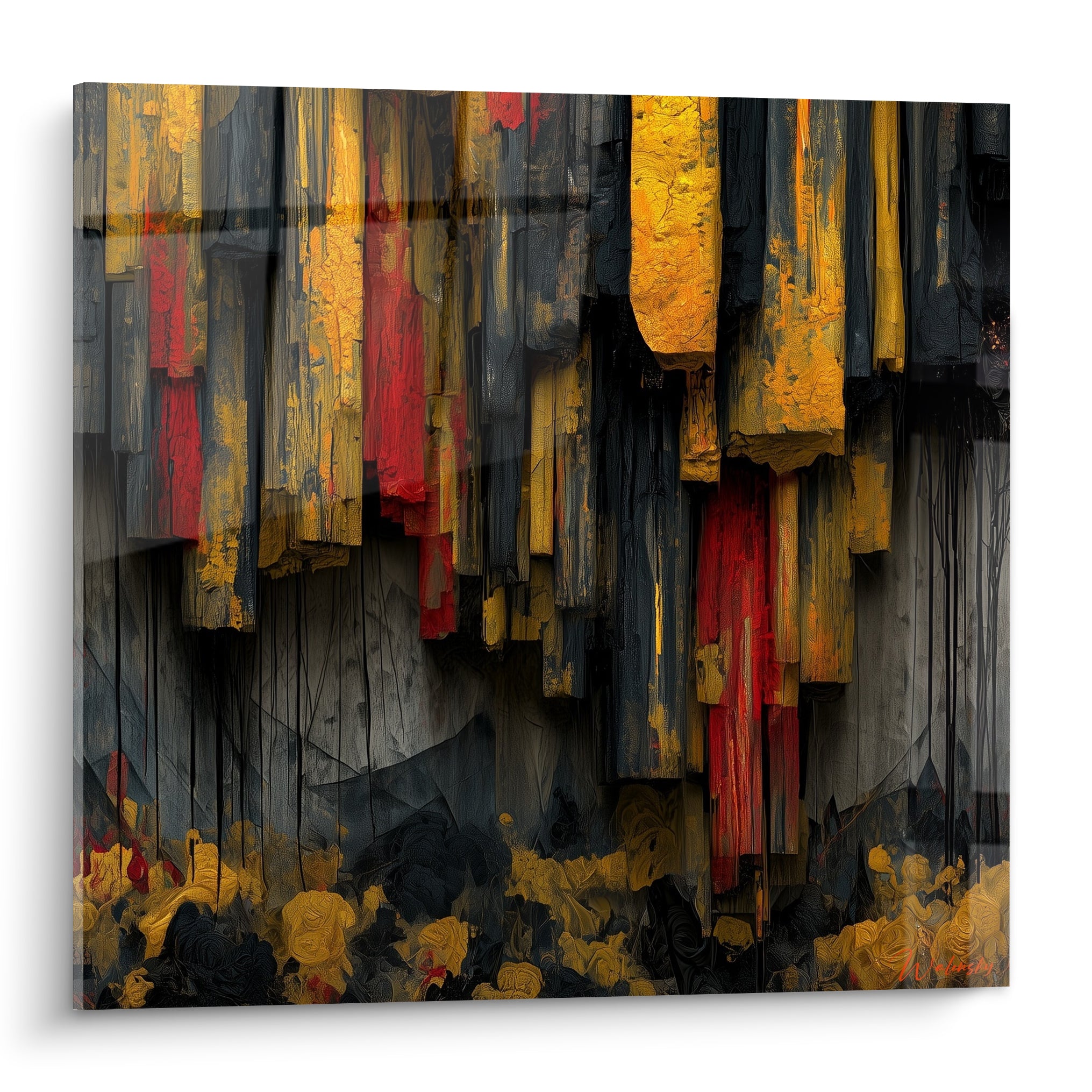 Bandes verticales dorées, anthracite et rouge écarlate composant ce tableau artistique abstrait texturé