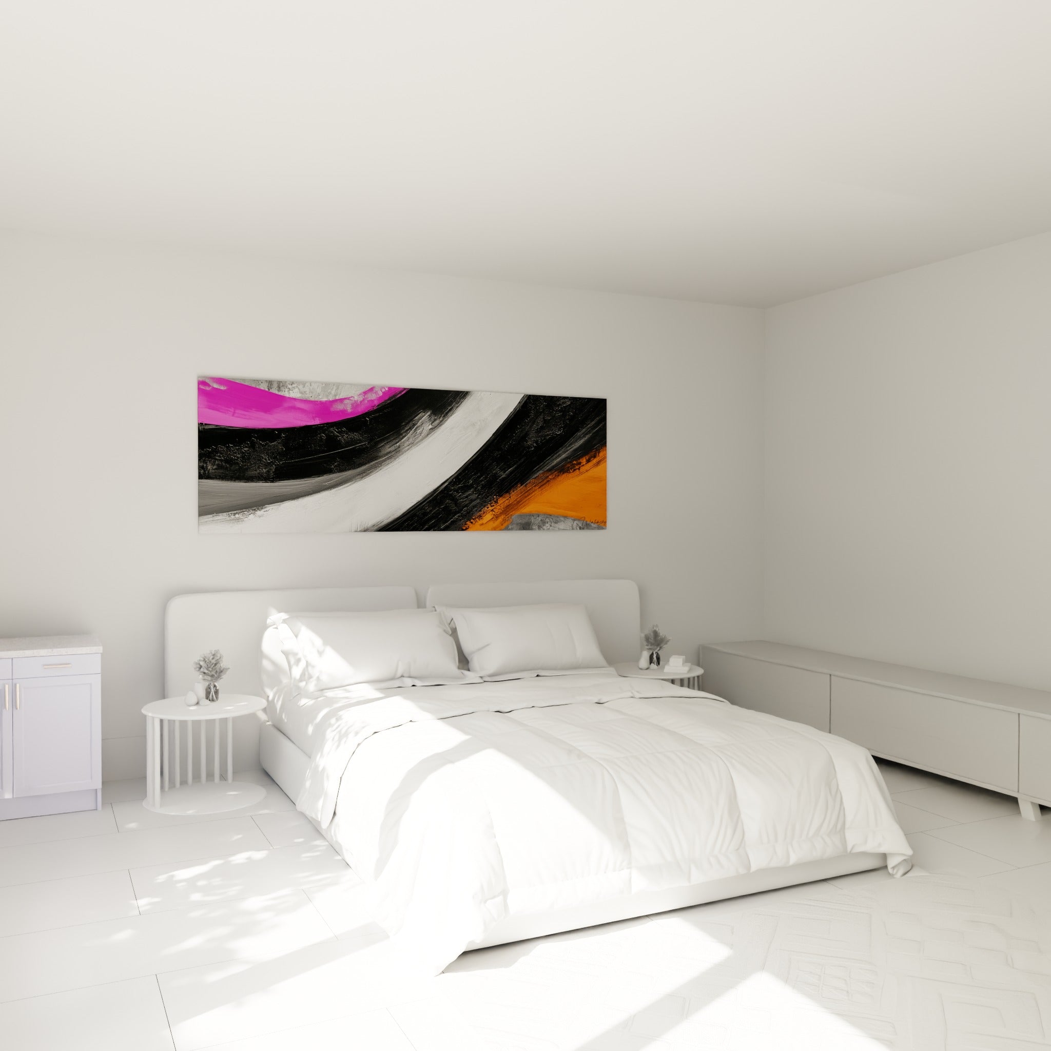 Larges bandes noires et orangées de ce tableau artistique abstrait, au-dessus d'un lit dans une chambre claire