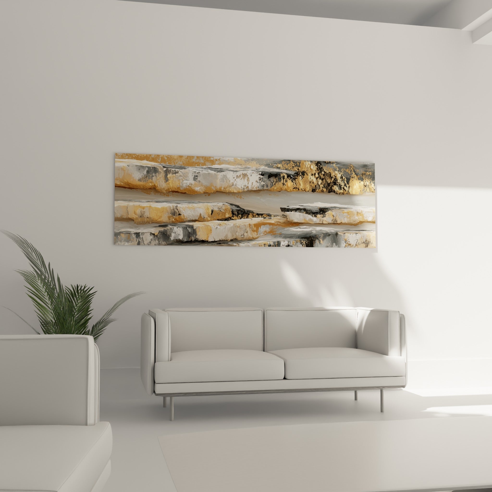 Bandes ocre et anthracite superposées accrochées au-dessus d'un canapé dans un salon lumineux
