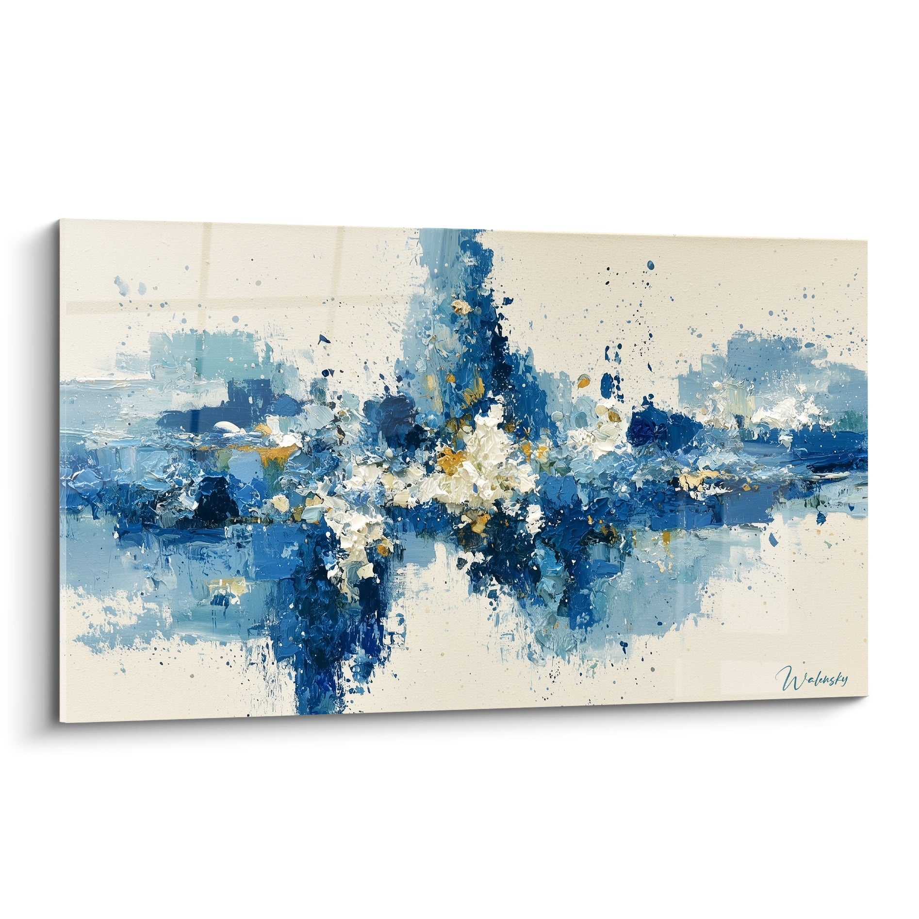 Éclaboussure bleu marine et blanche sur fond ivoire, empâtements épais et touches dorées