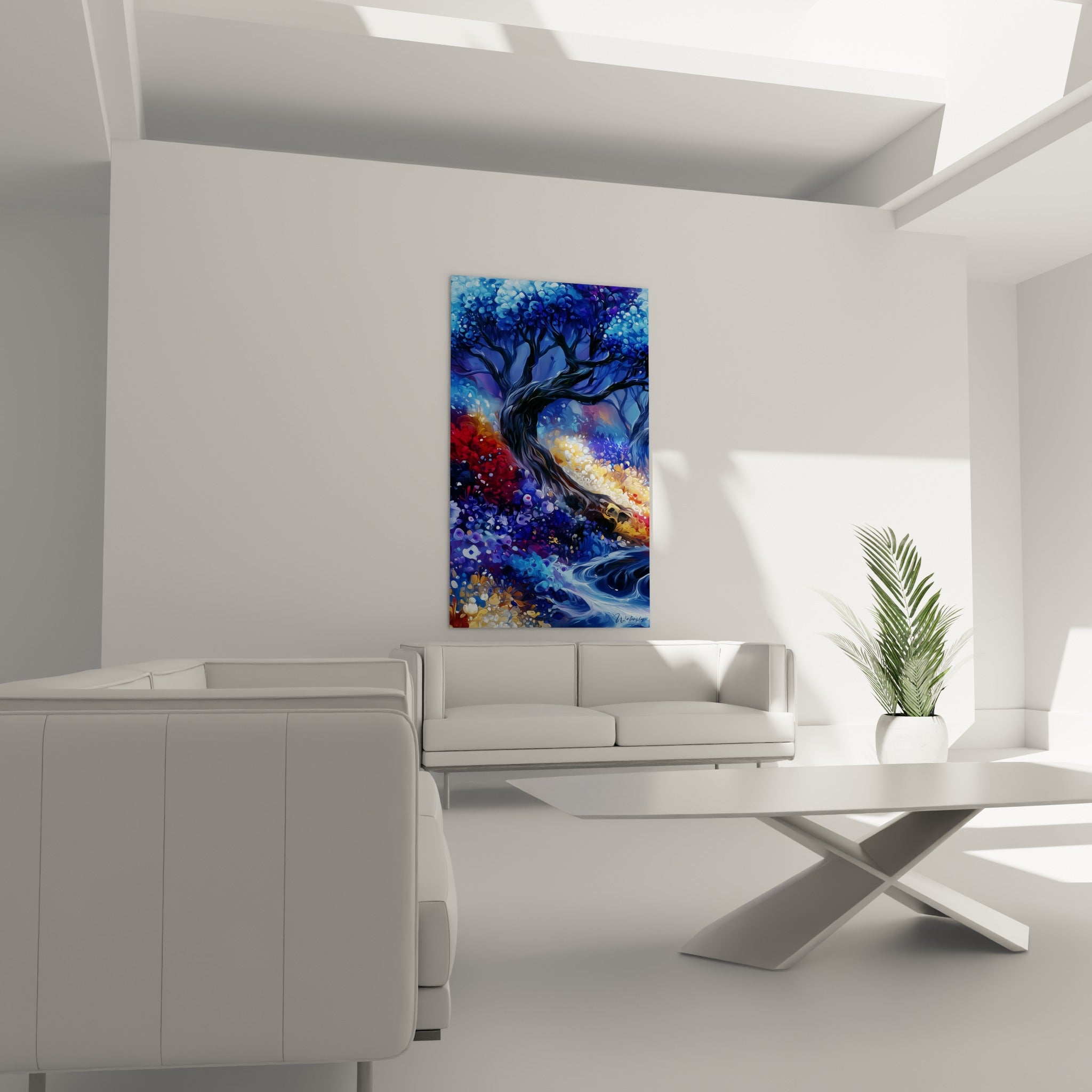 Branches sombres et massifs pourpres de cet arbre placés au-dessus d'un canapé dans un salon lumineux