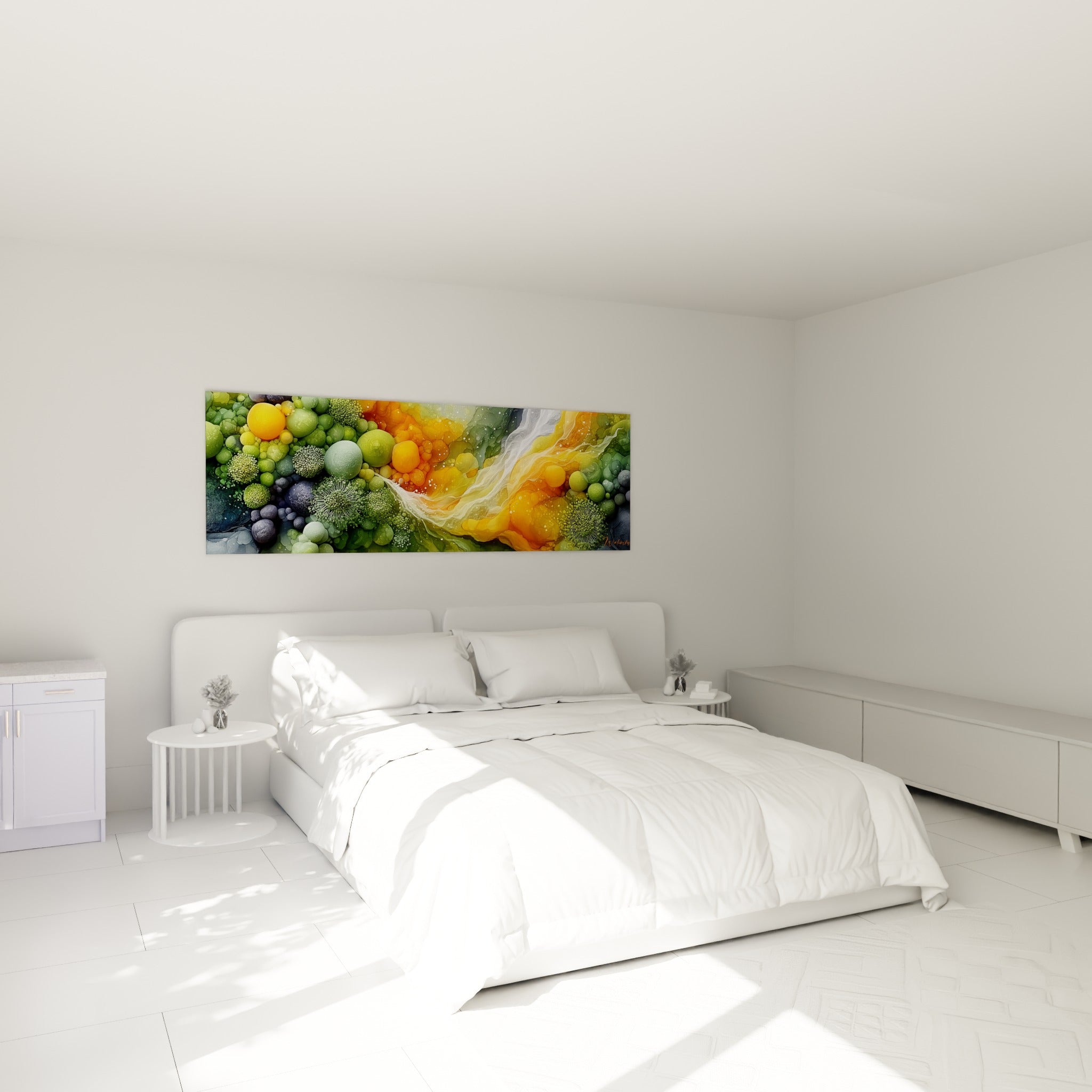 Bulles vertes et dorées de ce tableau artistique abstrait suspendues au-dessus d'un lit dans une chambre claire