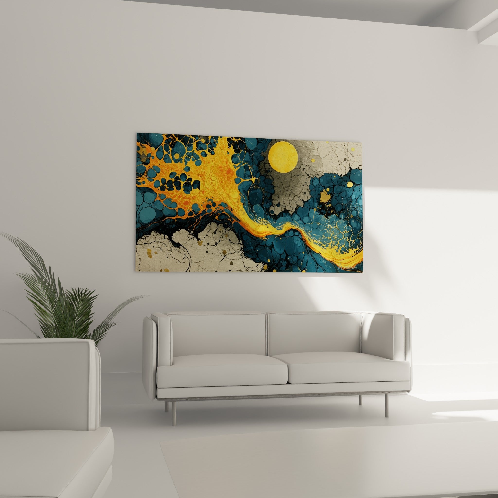 Motifs alvéolés bleu pétrole et dorés de ce tableau artistique abstrait au-dessus d'un canapé dans un salon lumineux