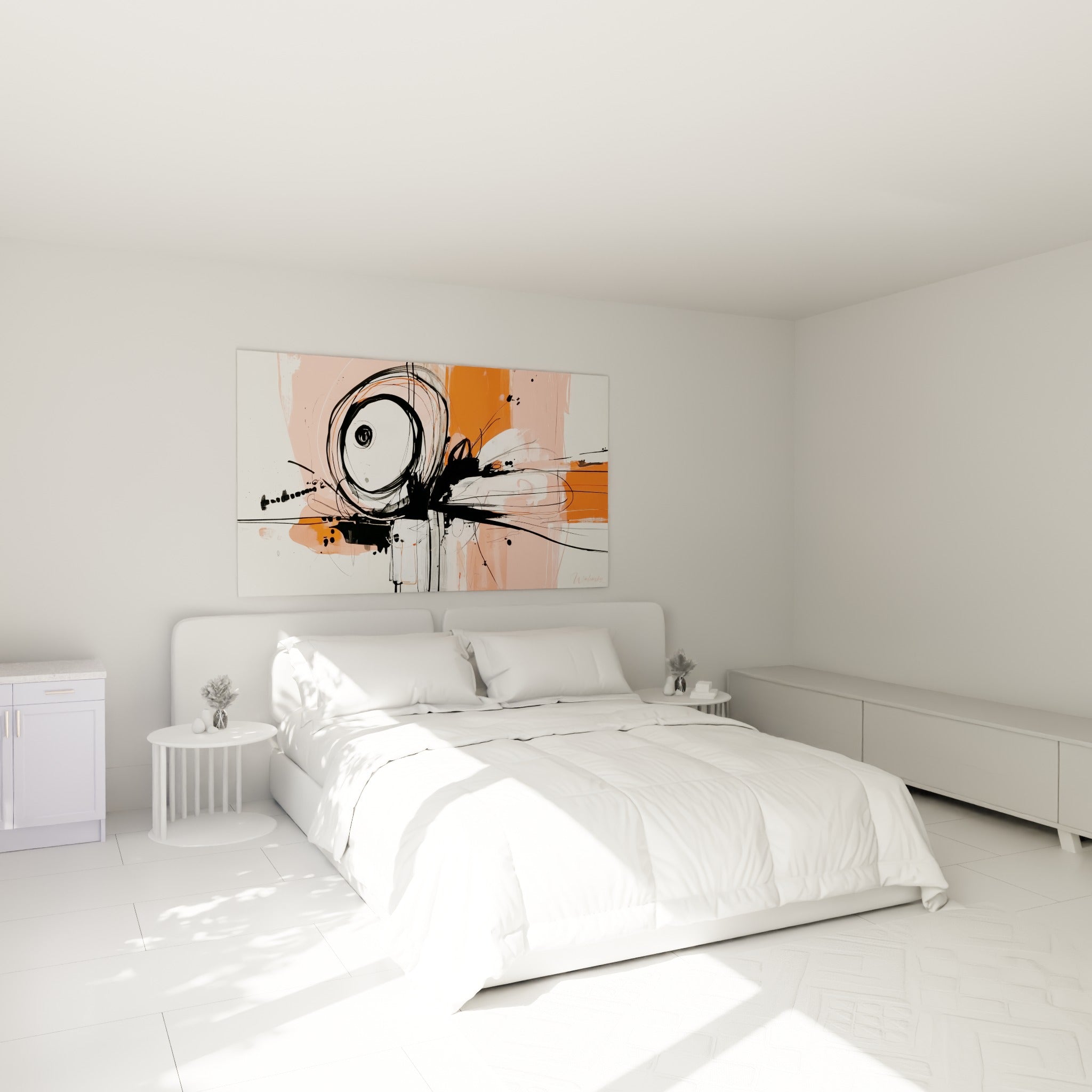 Cercle noir tracé au pinceau sur aplats orange et blanc, tableau accroché au-dessus d'un lit dans une chambre claire