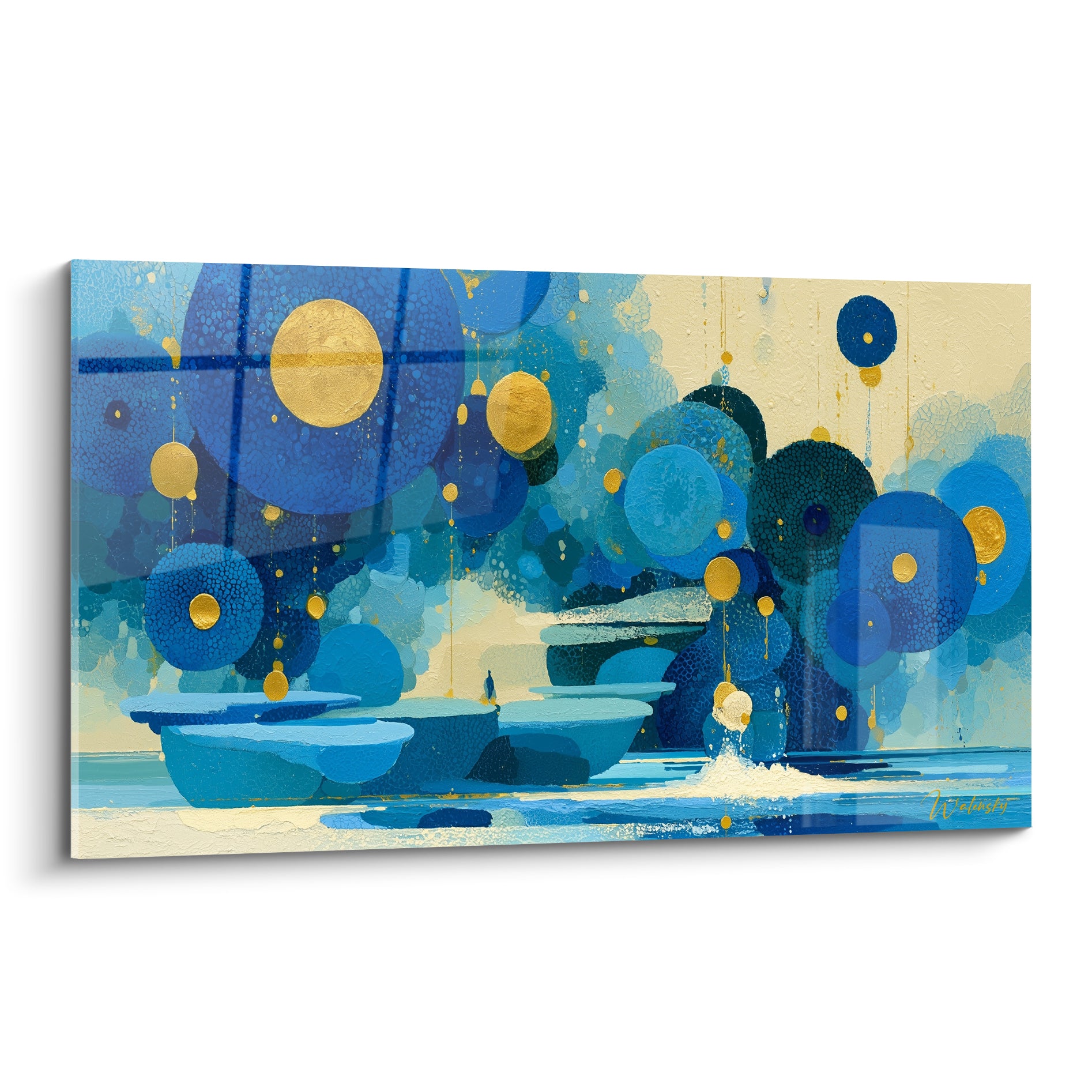 Cercles bleu marine et sphères dorées composent ce tableau Artistique abstrait aux rochers flottants sur fond ivoire