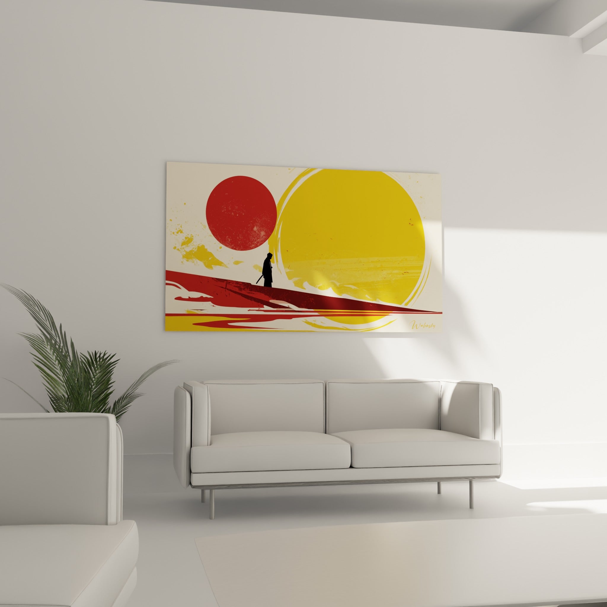 Silhouette de samouraï entre deux cercles rouge terracotta et jaune, au-dessus d'un canapé dans un salon lumineux
