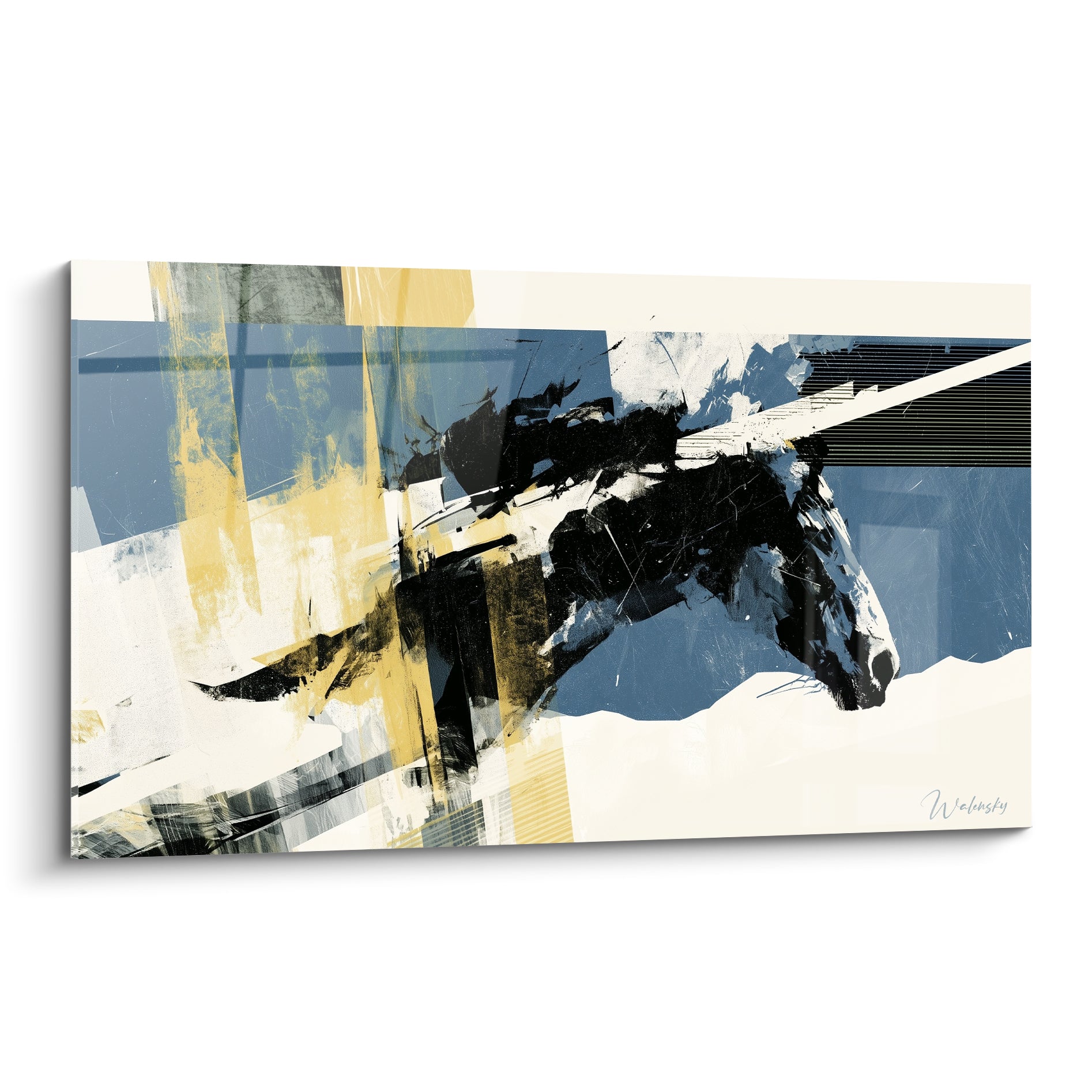 Tête de cheval fragmentée en bleu marine, ocre et noir, composition artistique abstraite graphique