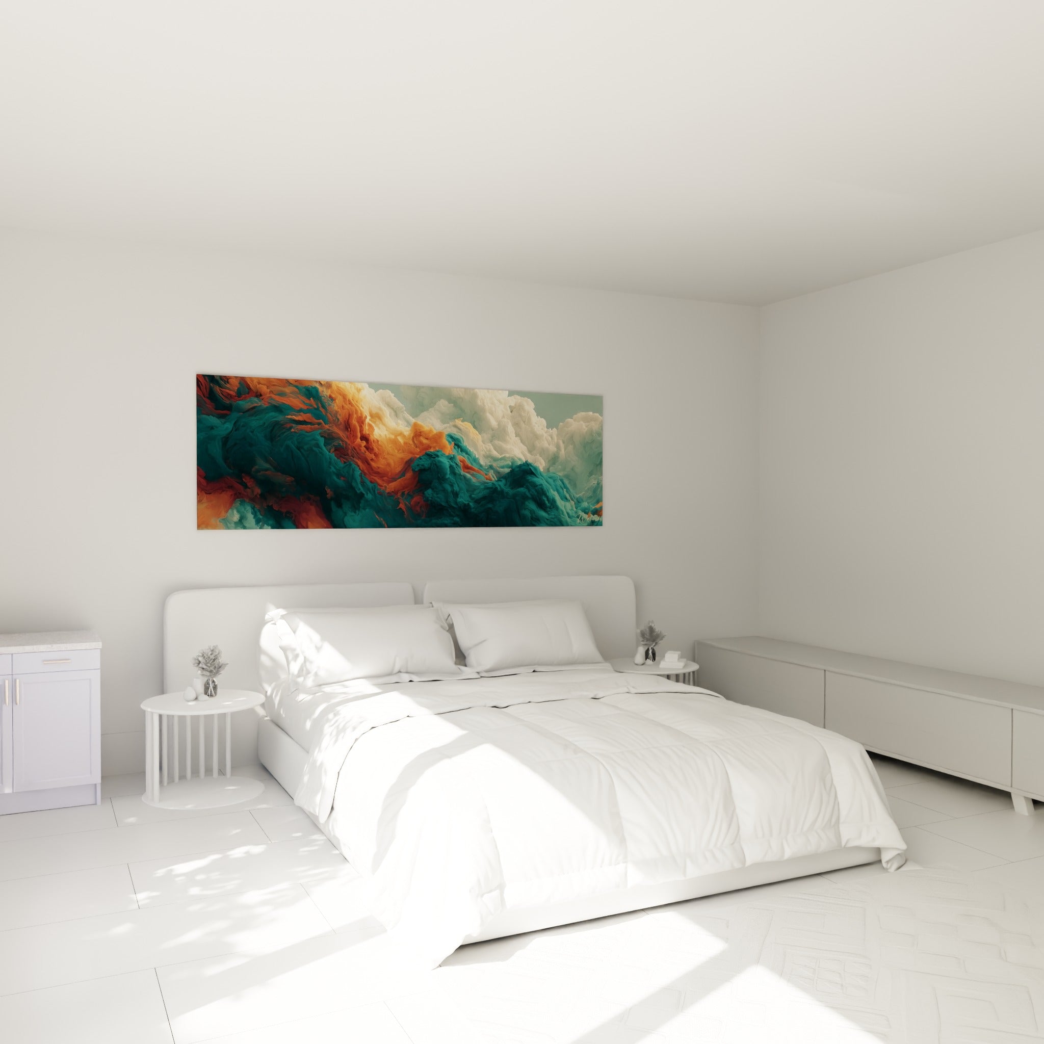 Masses nuageuses turquoise et orangées suspendues au-dessus d'un lit dans une chambre claire et lumineuse