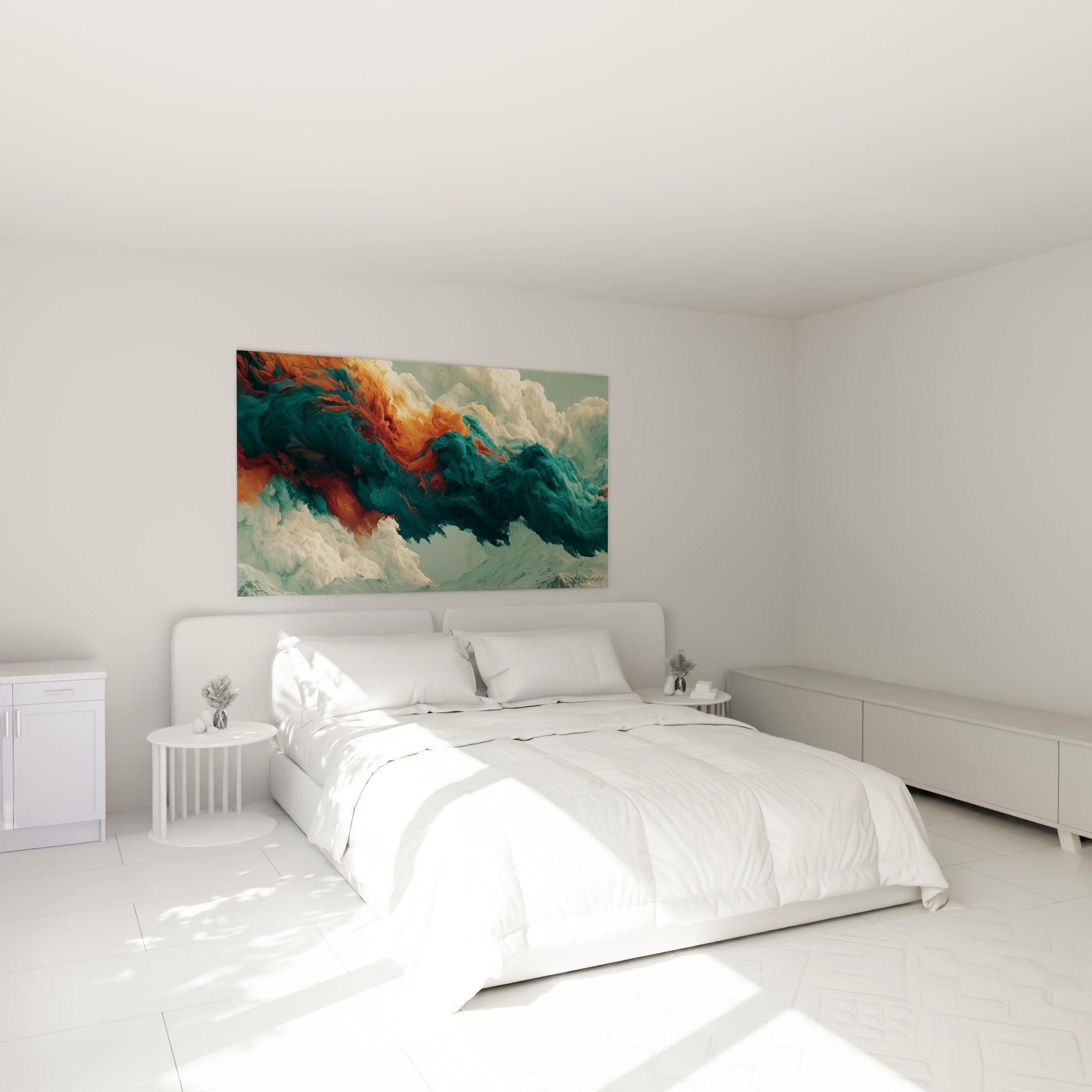 Volutes orange et turquoise profond d'un ciel tourmenté, tableau Artistique abstrait au-dessus d'un lit dans une chambre claire