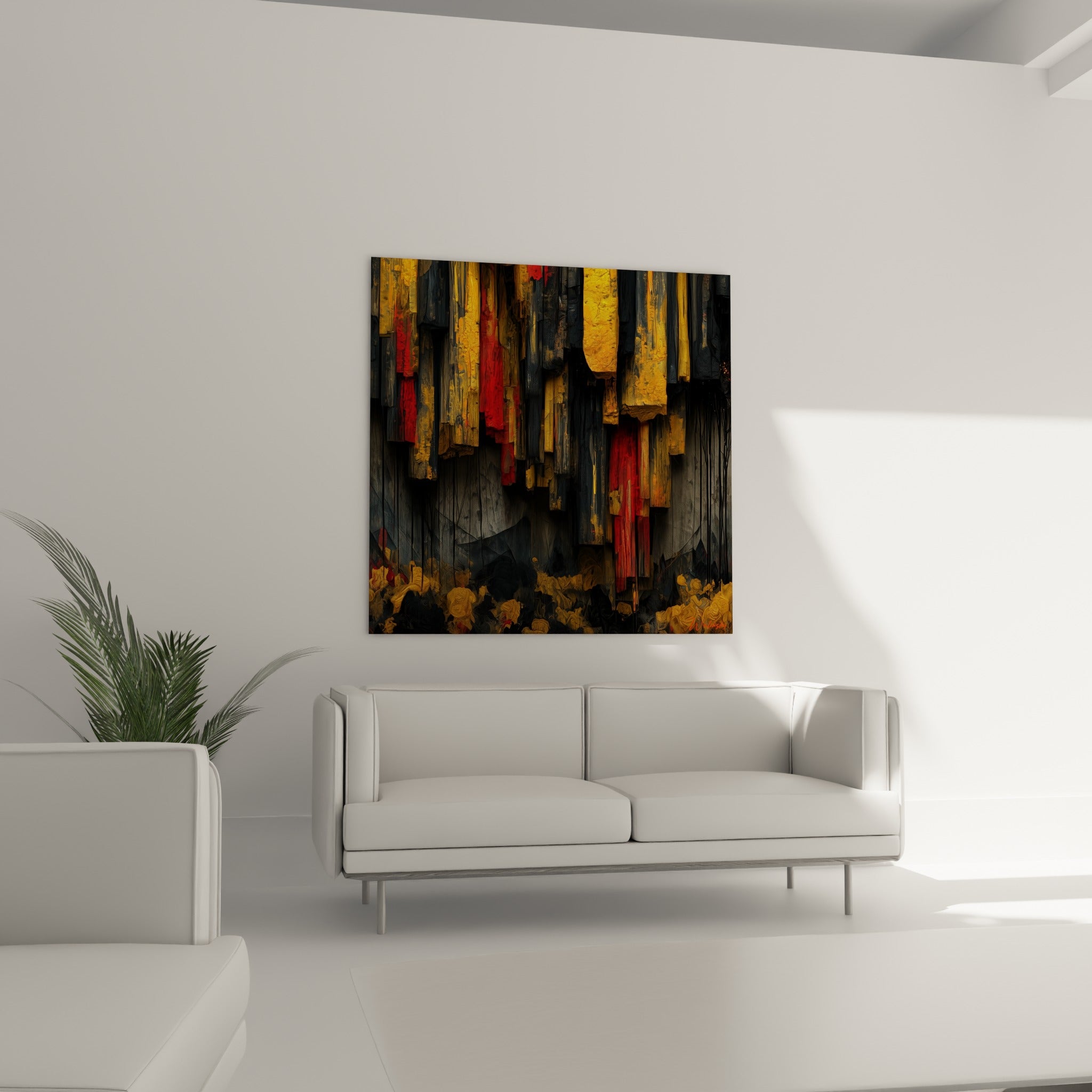 Colonnes ocre et rouge sombre animent ce tableau abstrait, suspendu au-dessus d'un canapé dans un salon lumineux