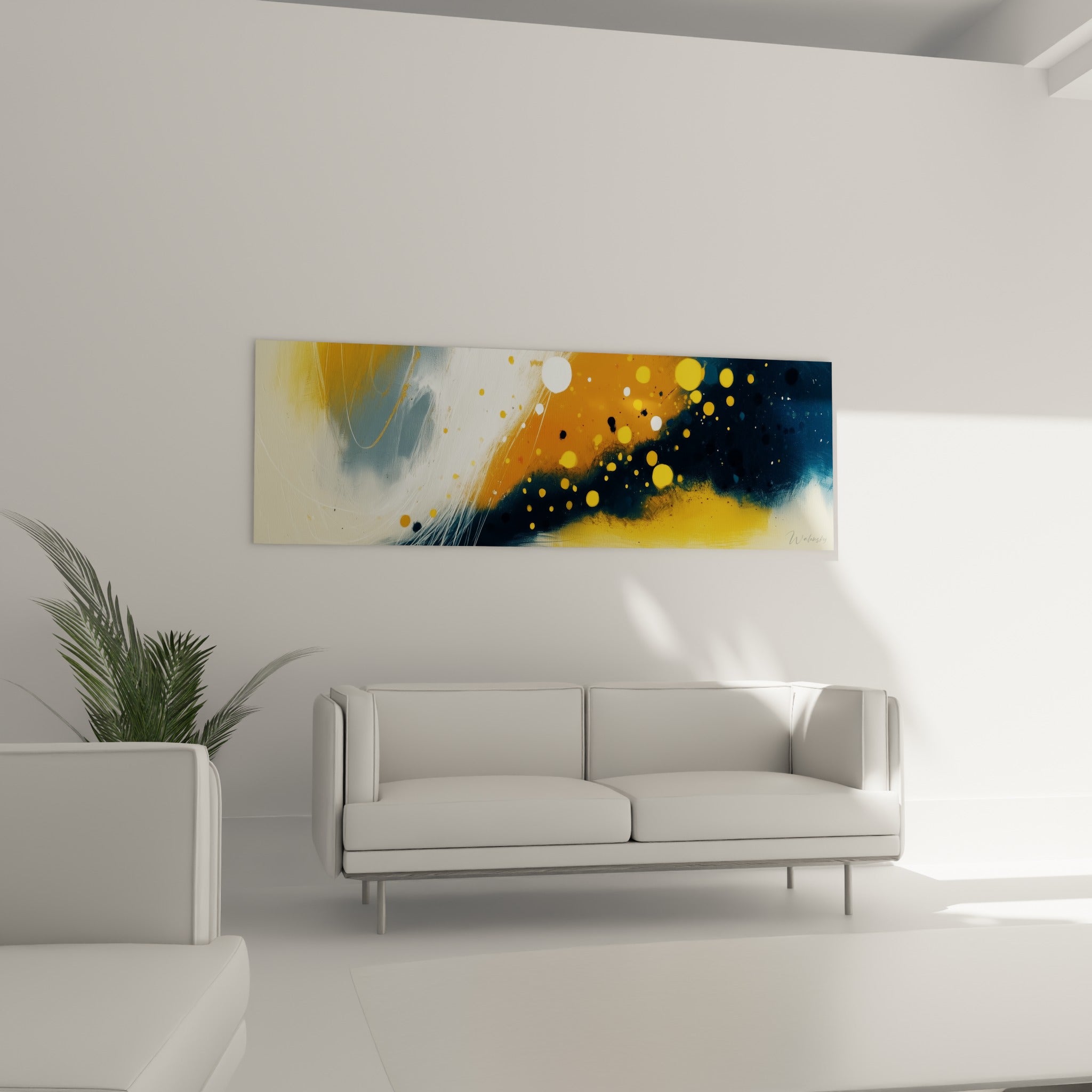 Pluie de particules ocre et bleu marine d'une composition abstraite au-dessus d'un canapé dans un salon lumineux