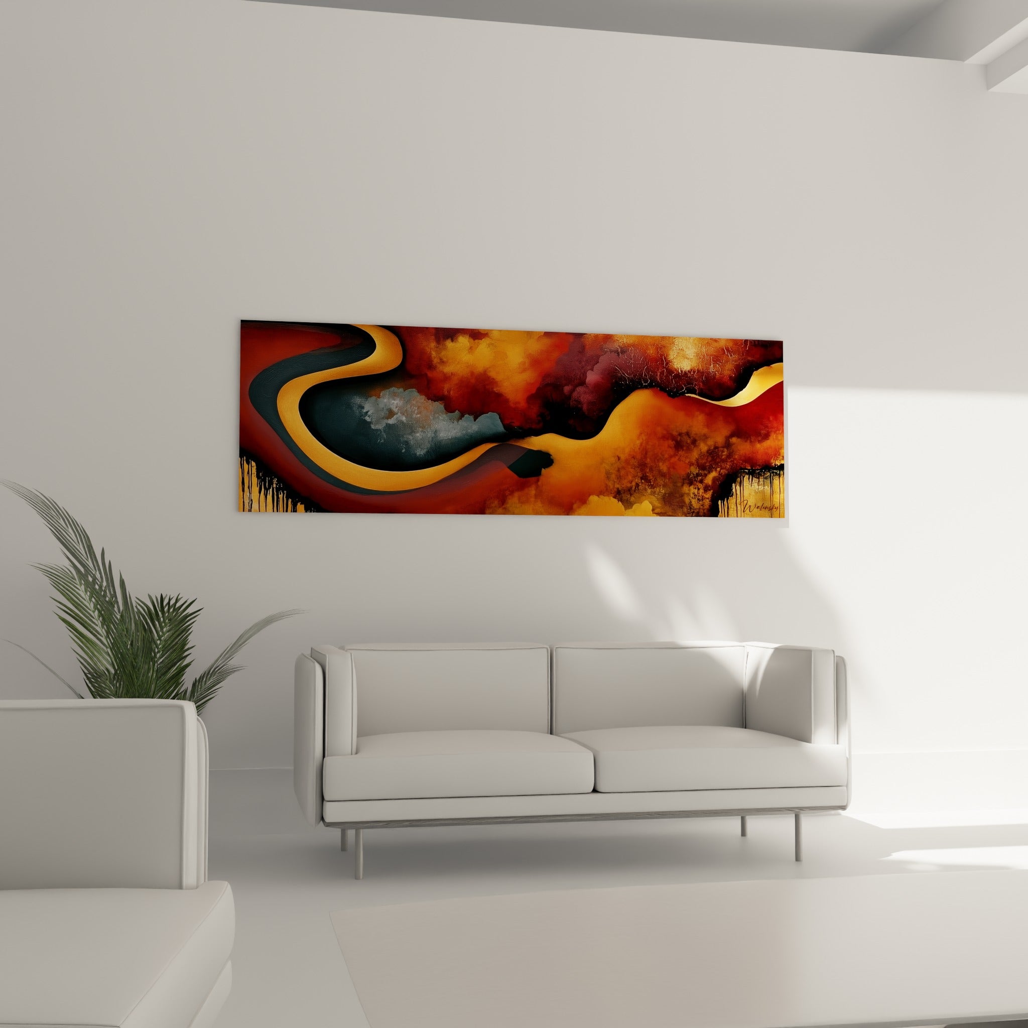Composition ocre et gris fumé au mouvement fluide, tableau accroché au-dessus d'un canapé dans un salon lumineux