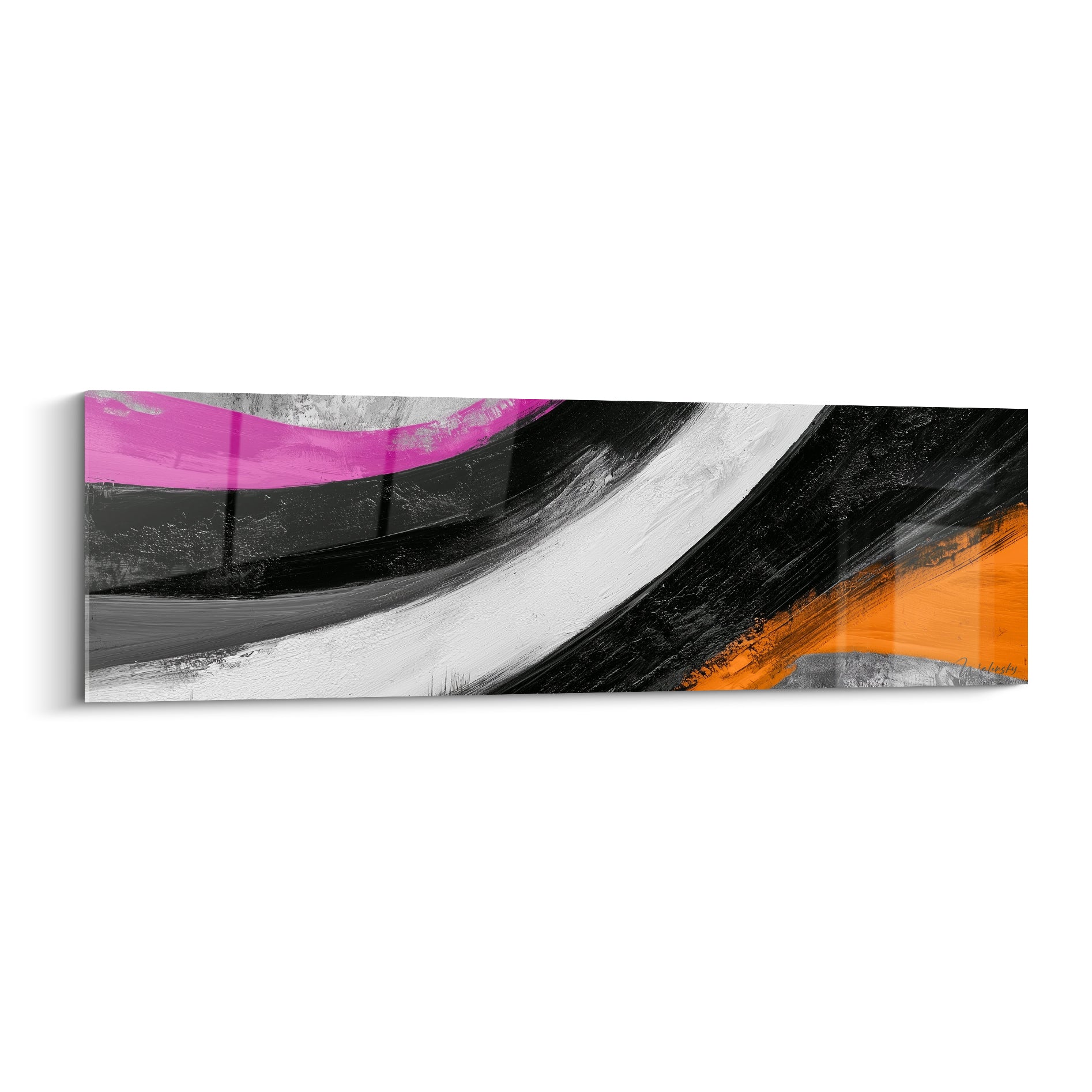 Courbes anthracite et magenta traversent ce tableau artistique abstrait au geste large et texturé
