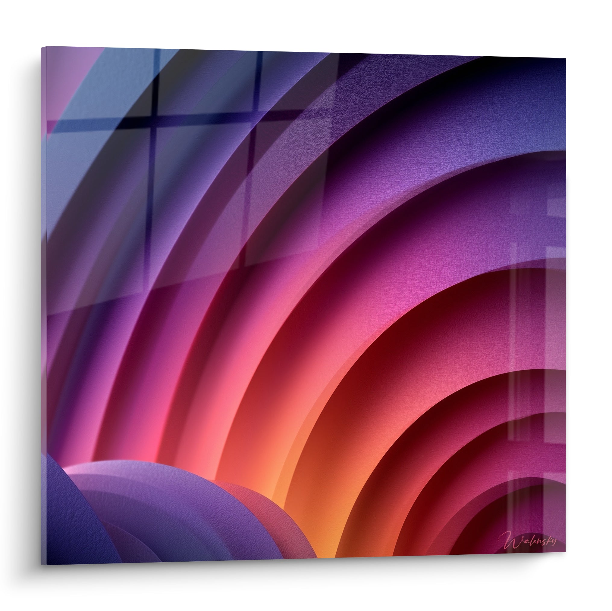 Courbes concentriques bleu marine et orange incandescent formant un tableau artistique abstrait vibrant