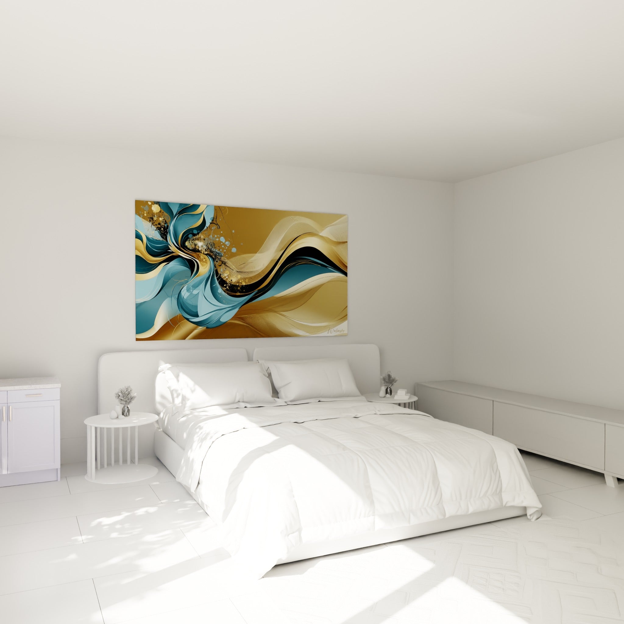 Courbes bleu pétrole et dorées ondulantes au-dessus d'un lit dans une chambre claire