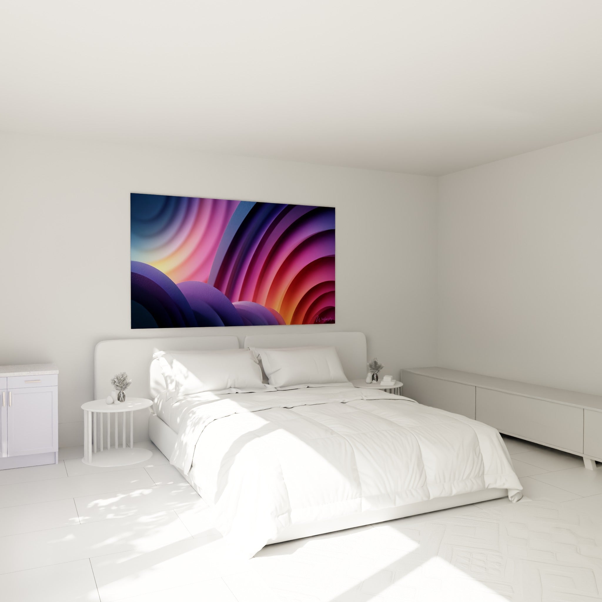 Courbes pourpres et fuchsia de ce tableau Artistique abstrait, accroché au-dessus d'un lit dans une chambre claire