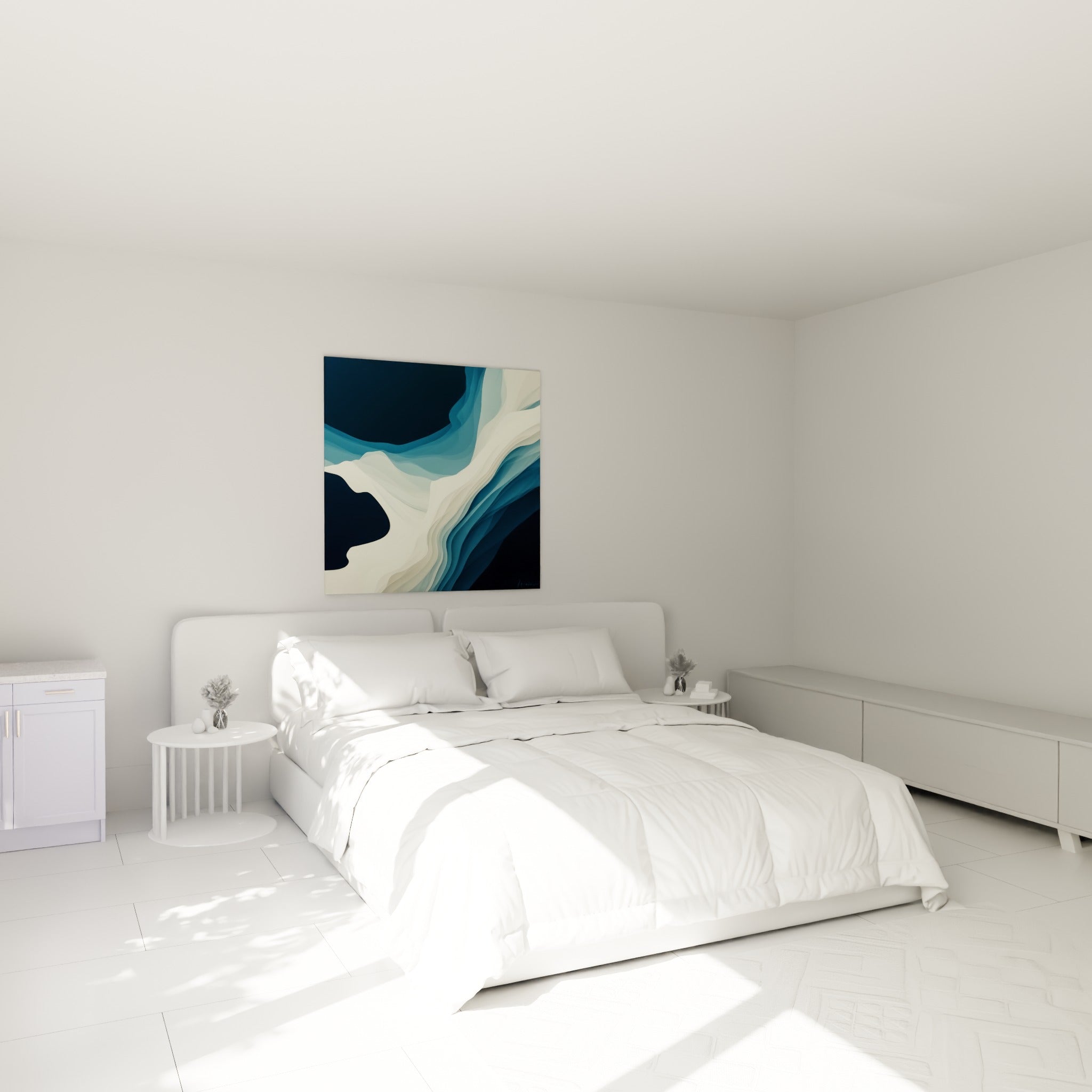 Courbes ivoire et bleu turquoise ondulant en volutes, accrochées au-dessus d'un lit dans une chambre claire