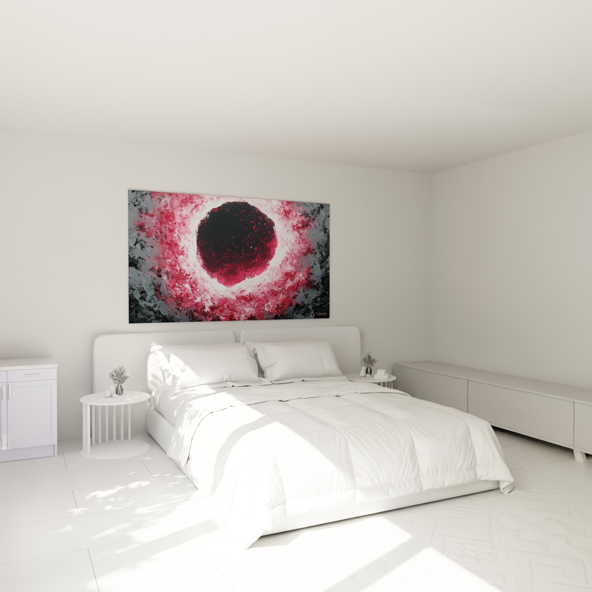 Noyau noir et couronne rouge incandescente au-dessus d'un lit dans une chambre claire