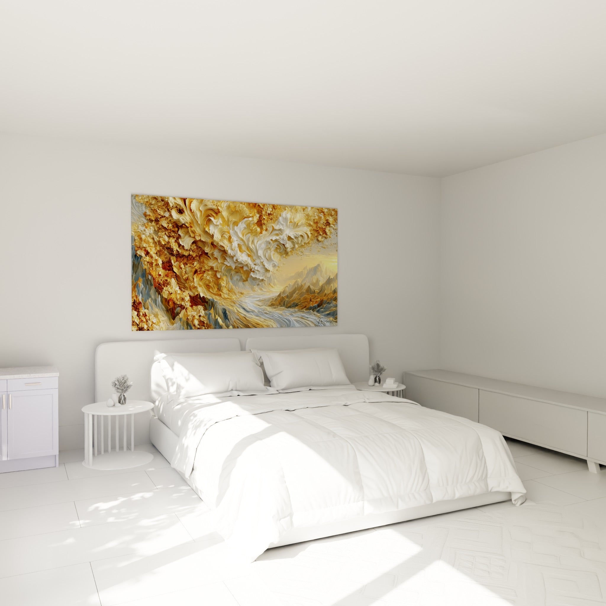 Déferlante dorée artistique abstrait aux volutes blanches sculptées au-dessus d'un lit dans une chambre claire