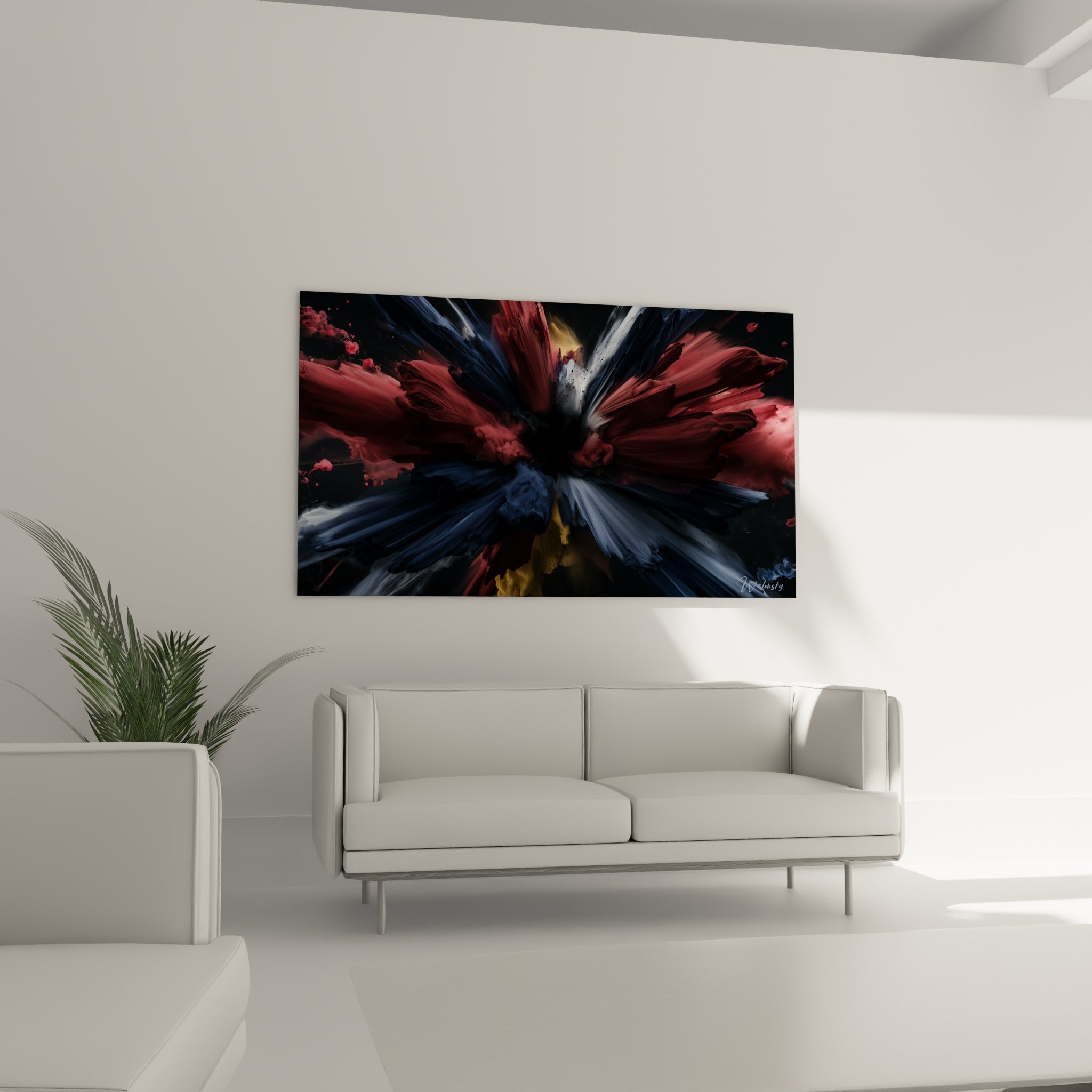 Éclatement chromatique doré et anthracite disposé au-dessus d'un canapé dans un salon lumineux