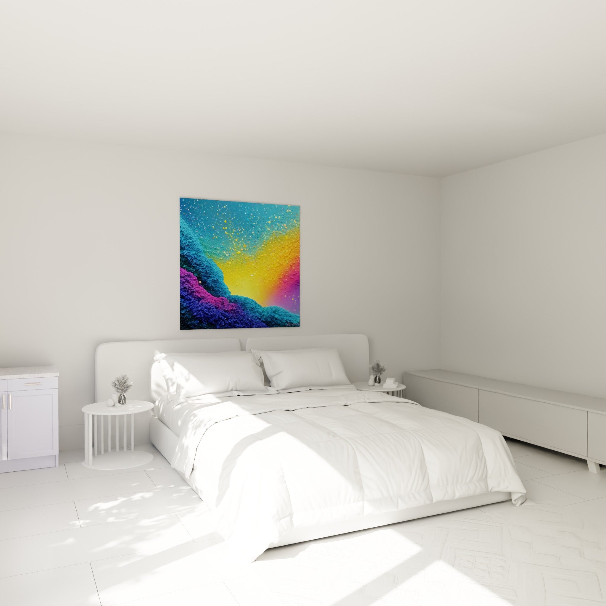 Explosion chromatique bleu et jaune, matière texturée, tableau artistique abstrait au-dessus d'un lit dans une chambre claire