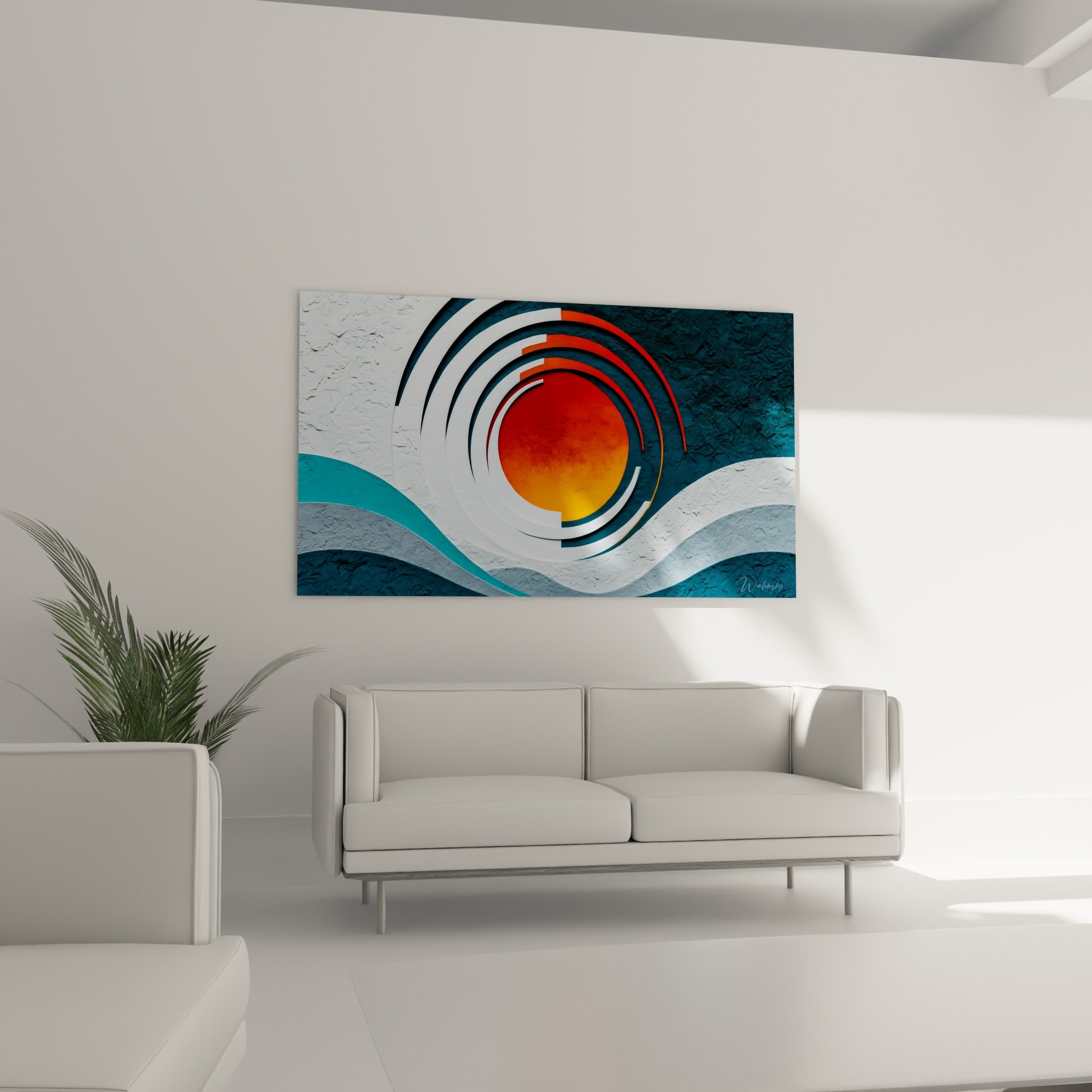 Astre rouge et orange encerclé d'arcs blancs surplombe un canapé dans un salon lumineux