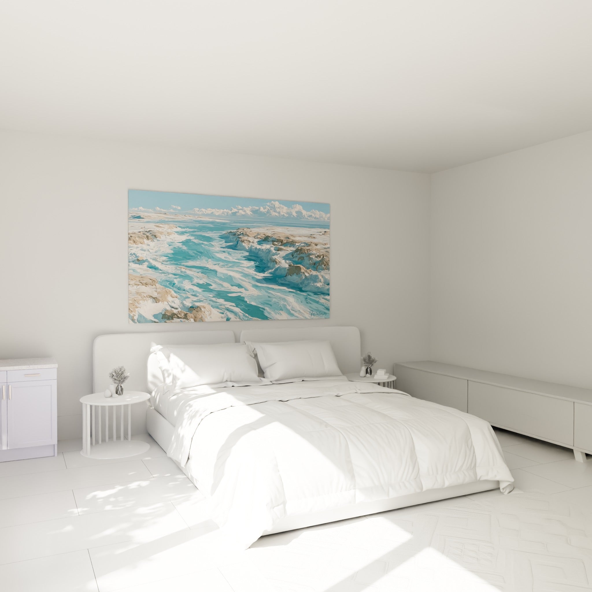 Eaux turquoise sinueuses entre rochers beige, tableau artistique abstrait au-dessus d'un lit dans une chambre claire