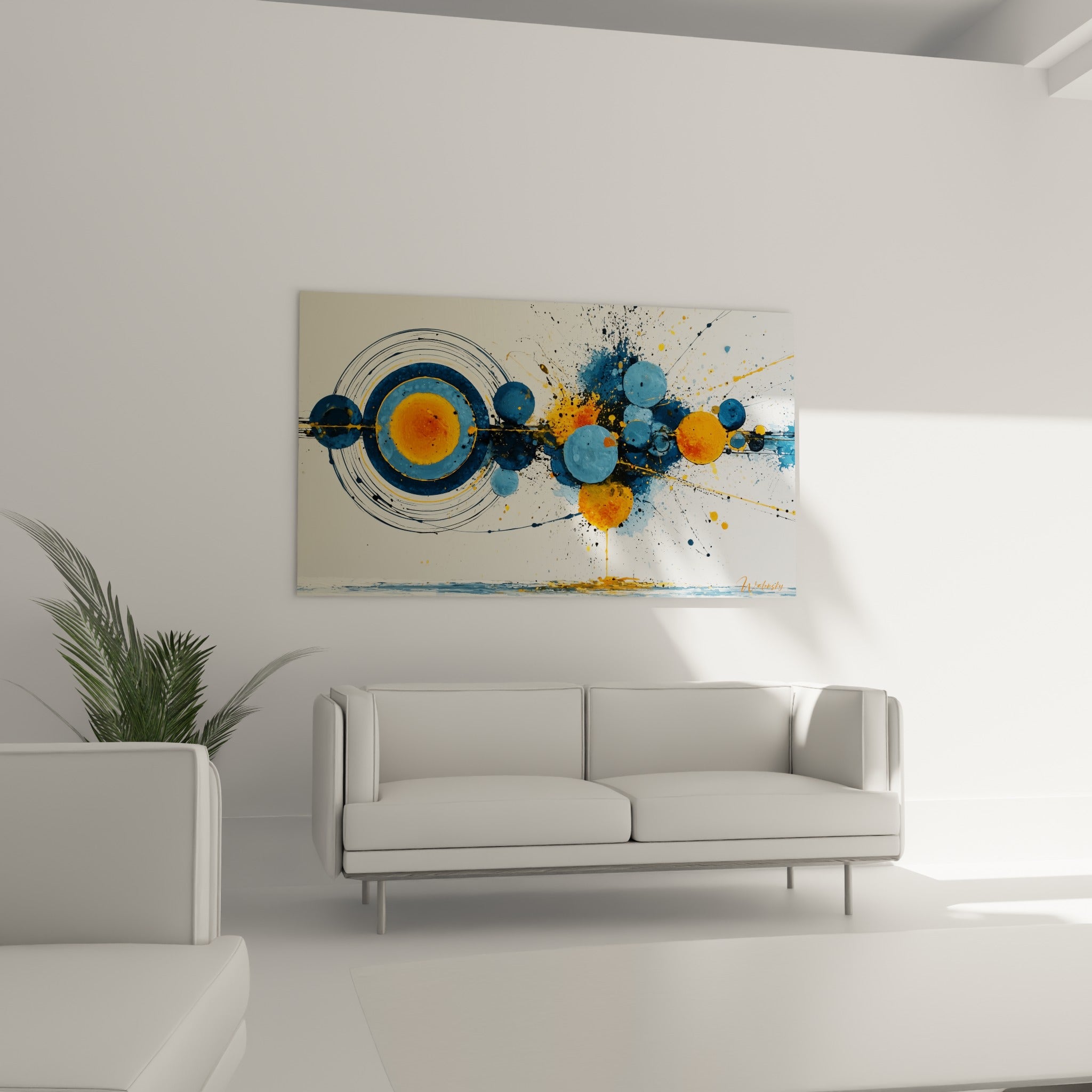 Éclats de sphères anthracite et orange brûlé jaillissant en nébuleuse colorée, au-dessus d'un canapé dans un salon lumineux
