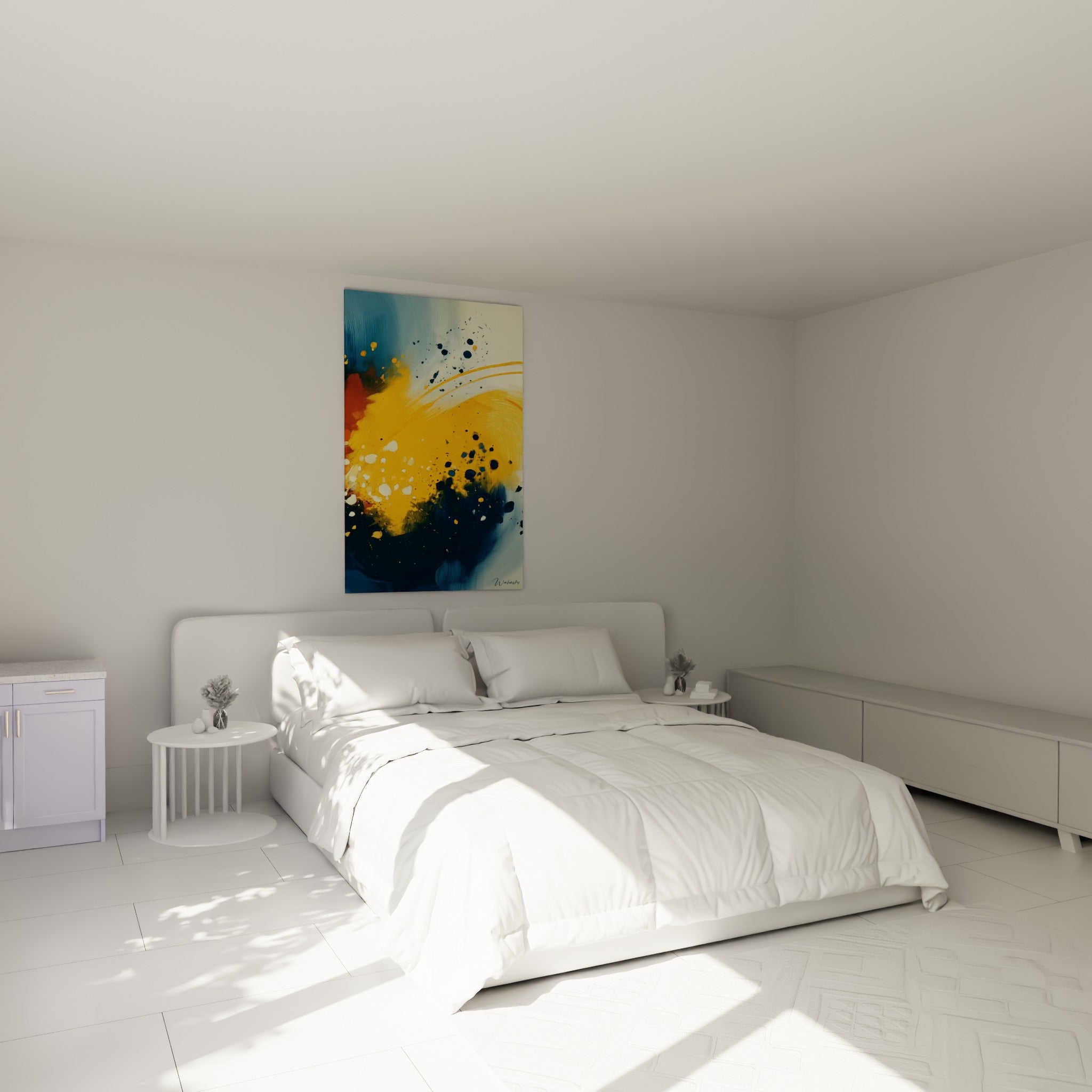 Explosion dorée et bleu marine de cette œuvre artistique abstrait, au-dessus d'un lit dans une chambre claire