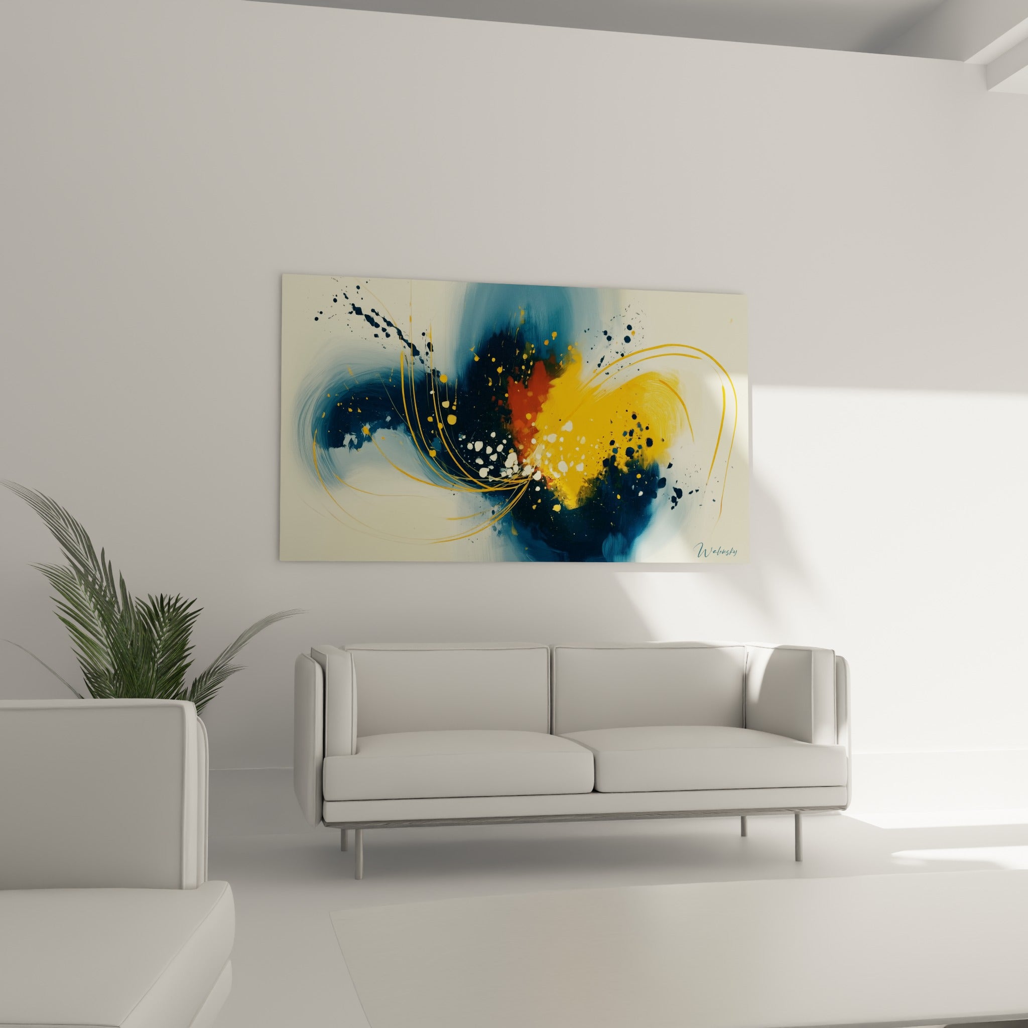 Éclat orangé et bleu nuit de cette œuvre artistique abstraite au-dessus d'un canapé dans un salon lumineux