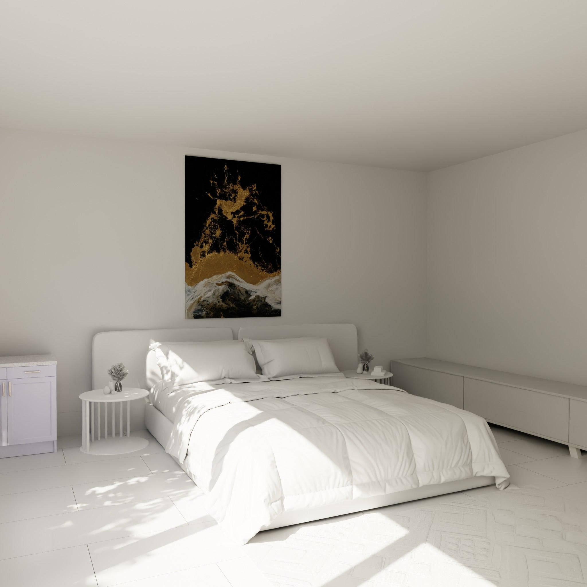 Éclats dorés et vague noire tourbillonnante accrochés au-dessus d'un lit dans une chambre claire