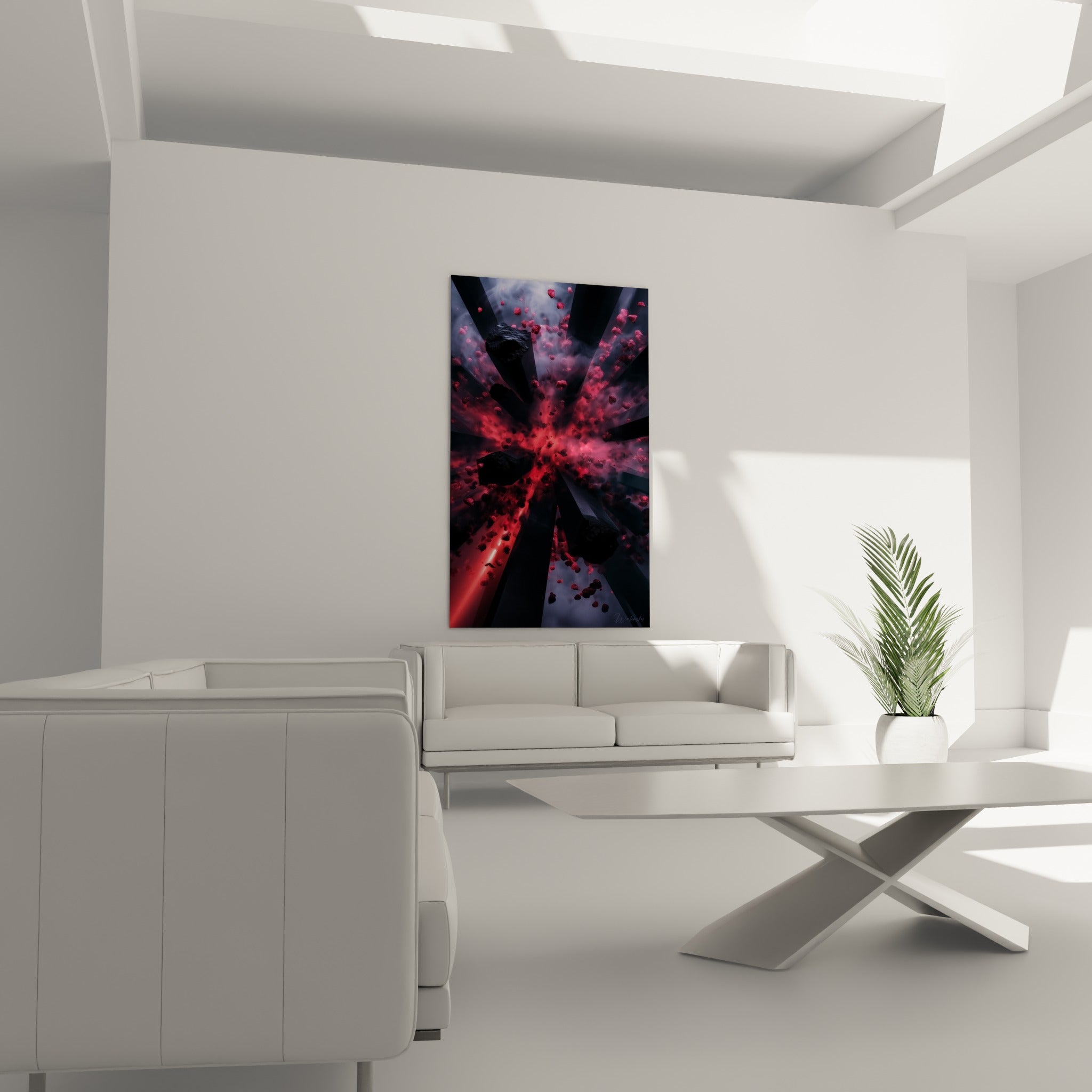 Éclats rouge vif et anthracite en suspension, accrochés au-dessus d'un canapé dans un salon lumineux