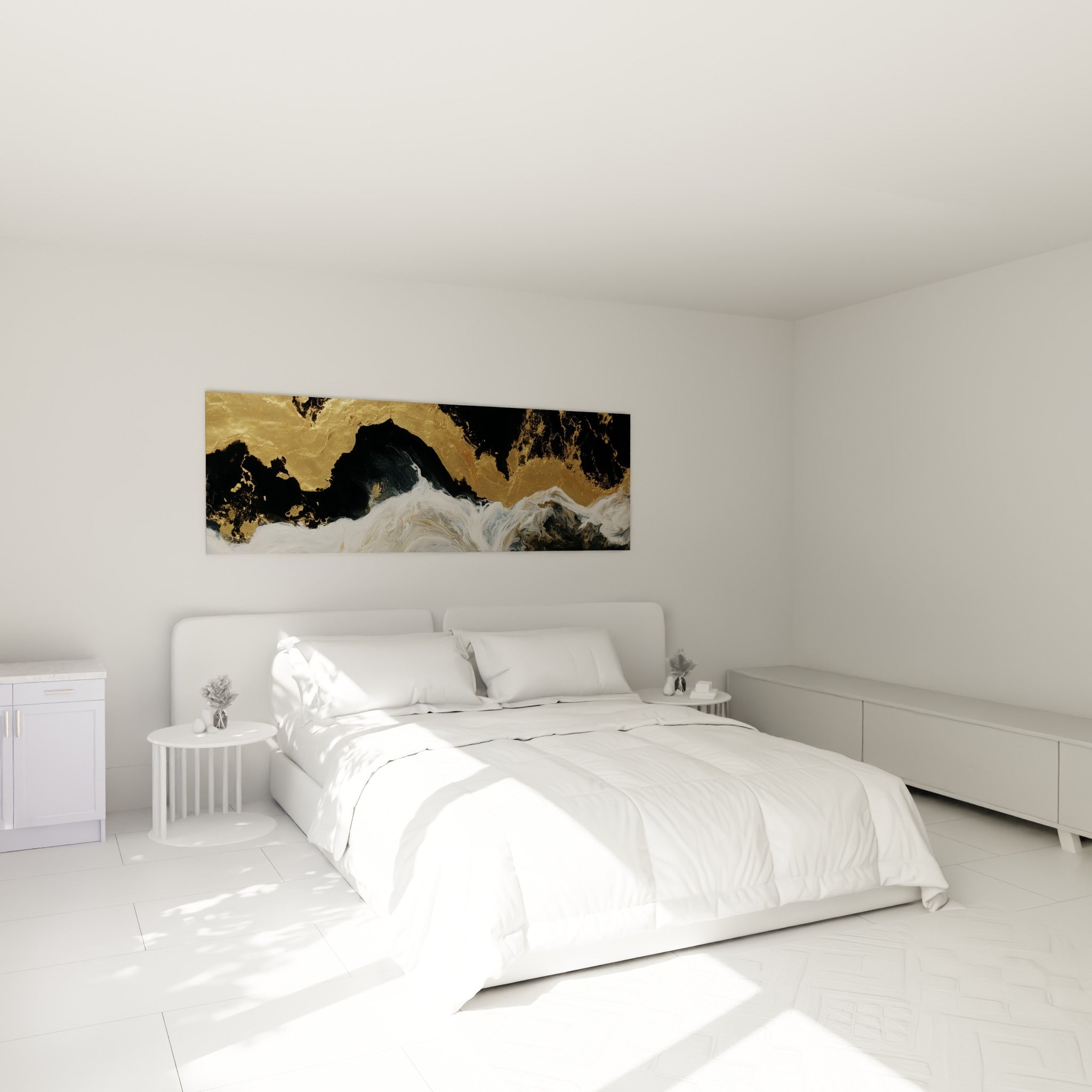 Vague dorée et écume blanche déployées au-dessus d'un lit dans une chambre claire