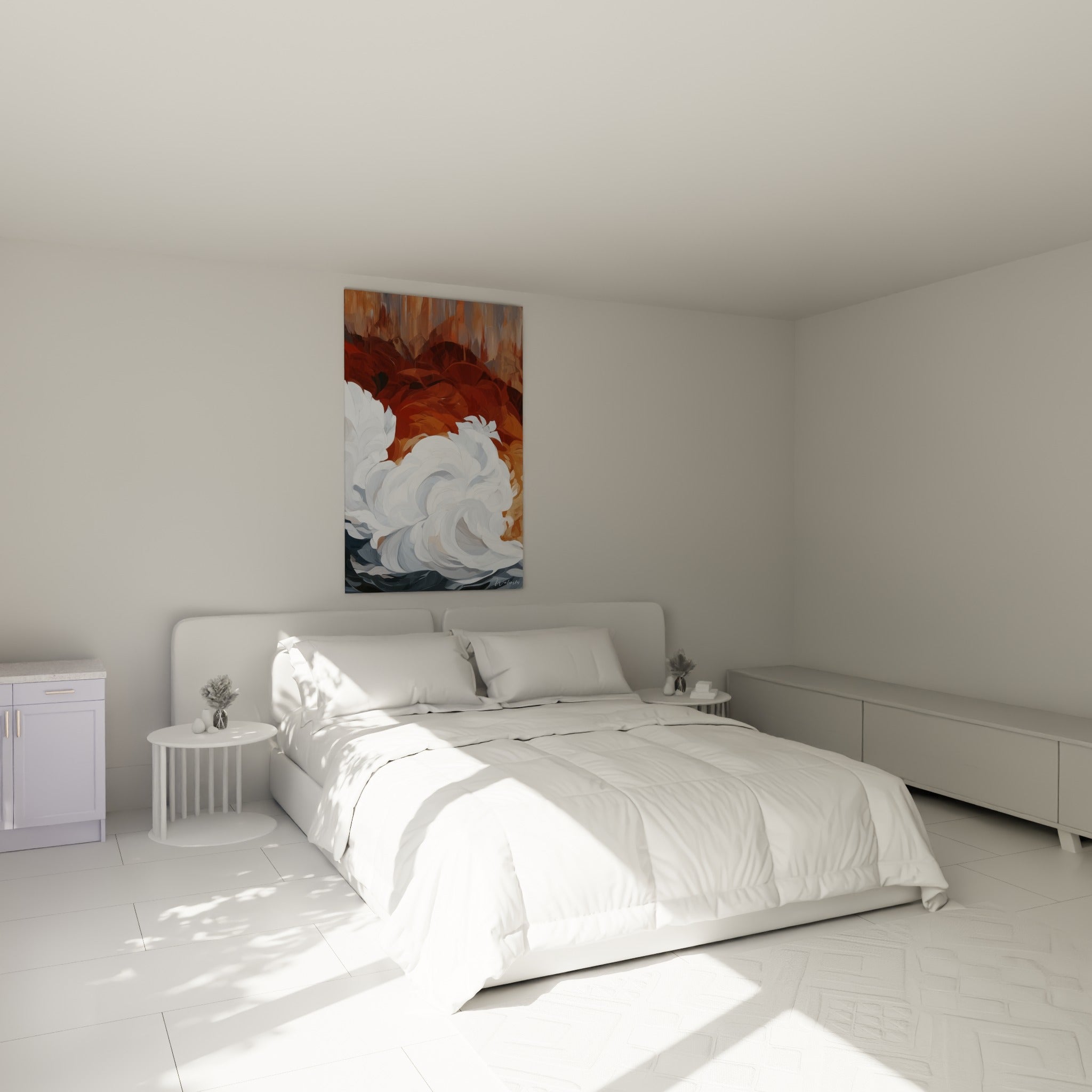 Écume blanche et falaise terracotta peintes avec relief, au-dessus d'un lit dans une chambre claire