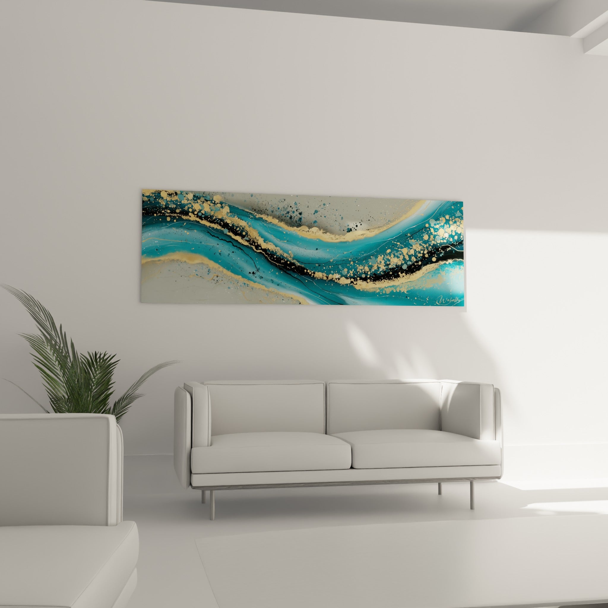 Marbrures bleu turquoise et particules dorées suspendues au-dessus d'un canapé dans un salon lumineux.