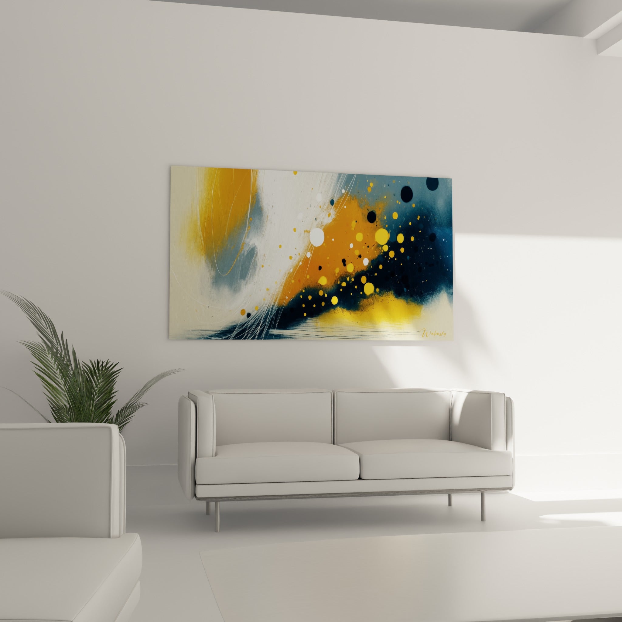 Explosion dorée et bleu marine d'un tableau abstrait, suspendue au-dessus d'un canapé dans un salon lumineux