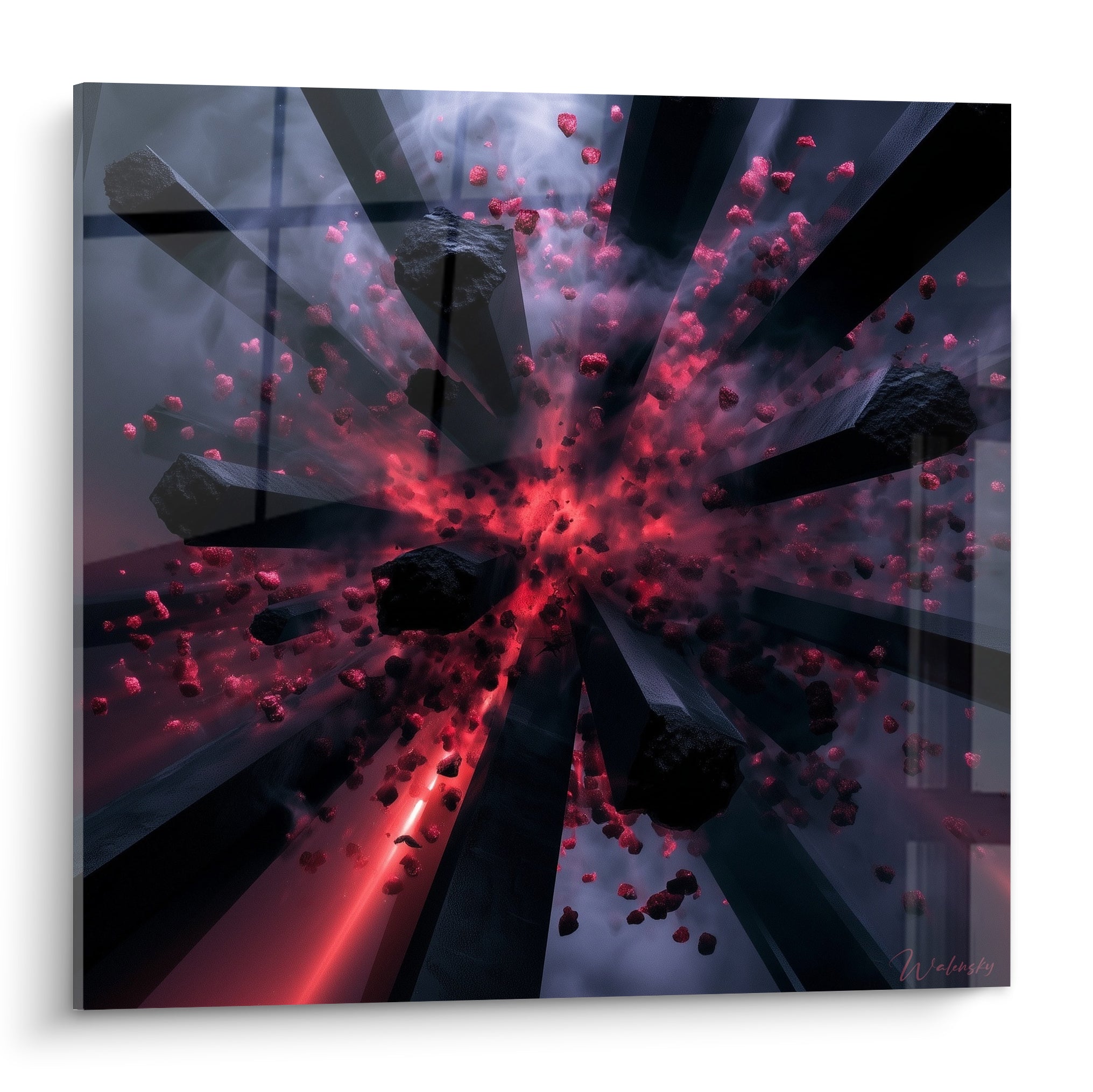 Explosion rouge fauve et anthracite figée, éclats en suspension dans une composition artistique abstraite