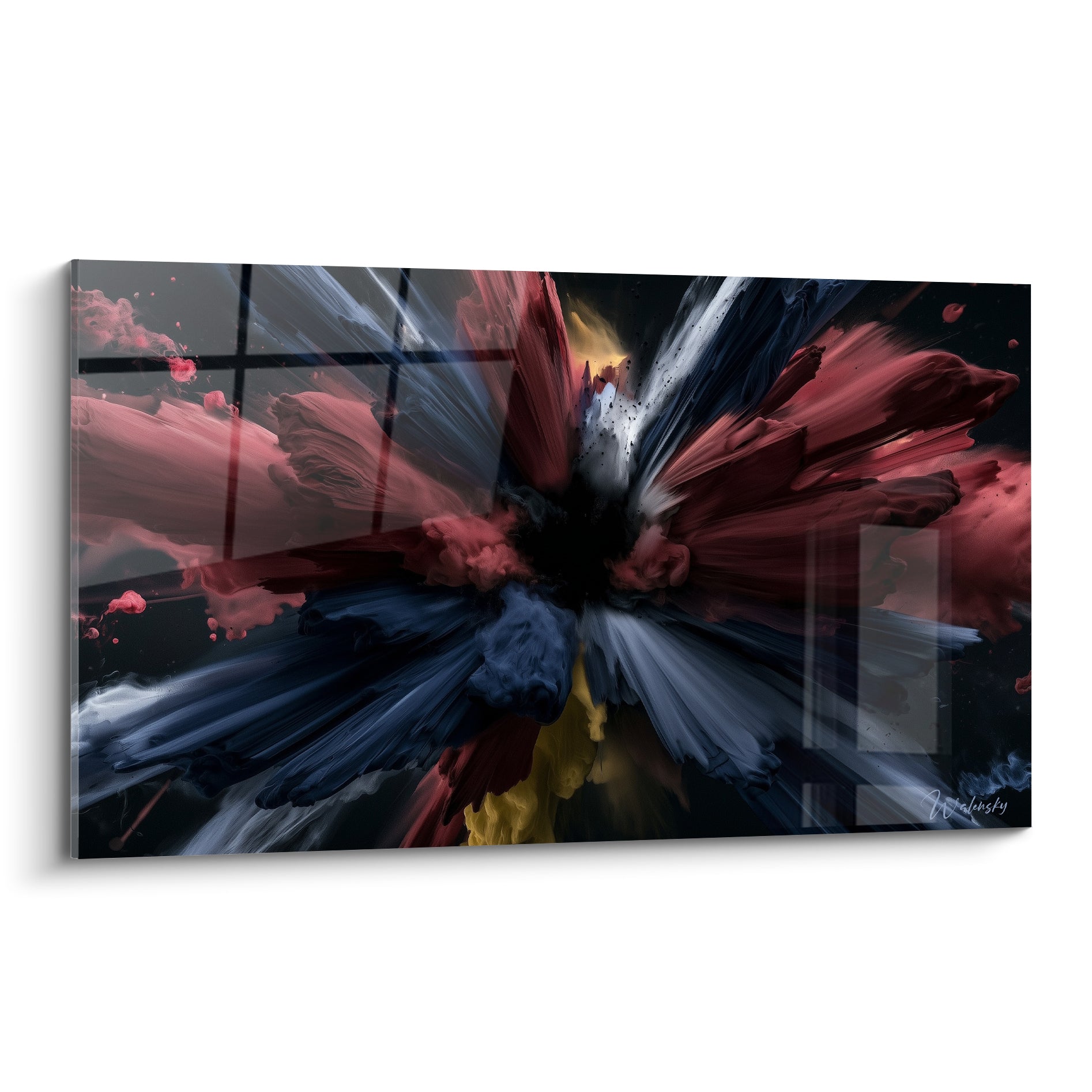 Explosion picturale rouge bordeaux et bleu marine sur fond anthracite, jaillissement de matière abstraite
