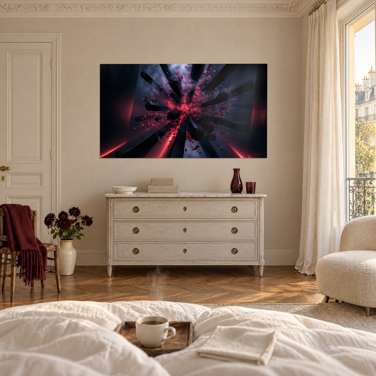 Tableau onde de choc rouge écarlate et blocs d'ébène flottants, accroché au-dessus d'un lit dans une chambre claire