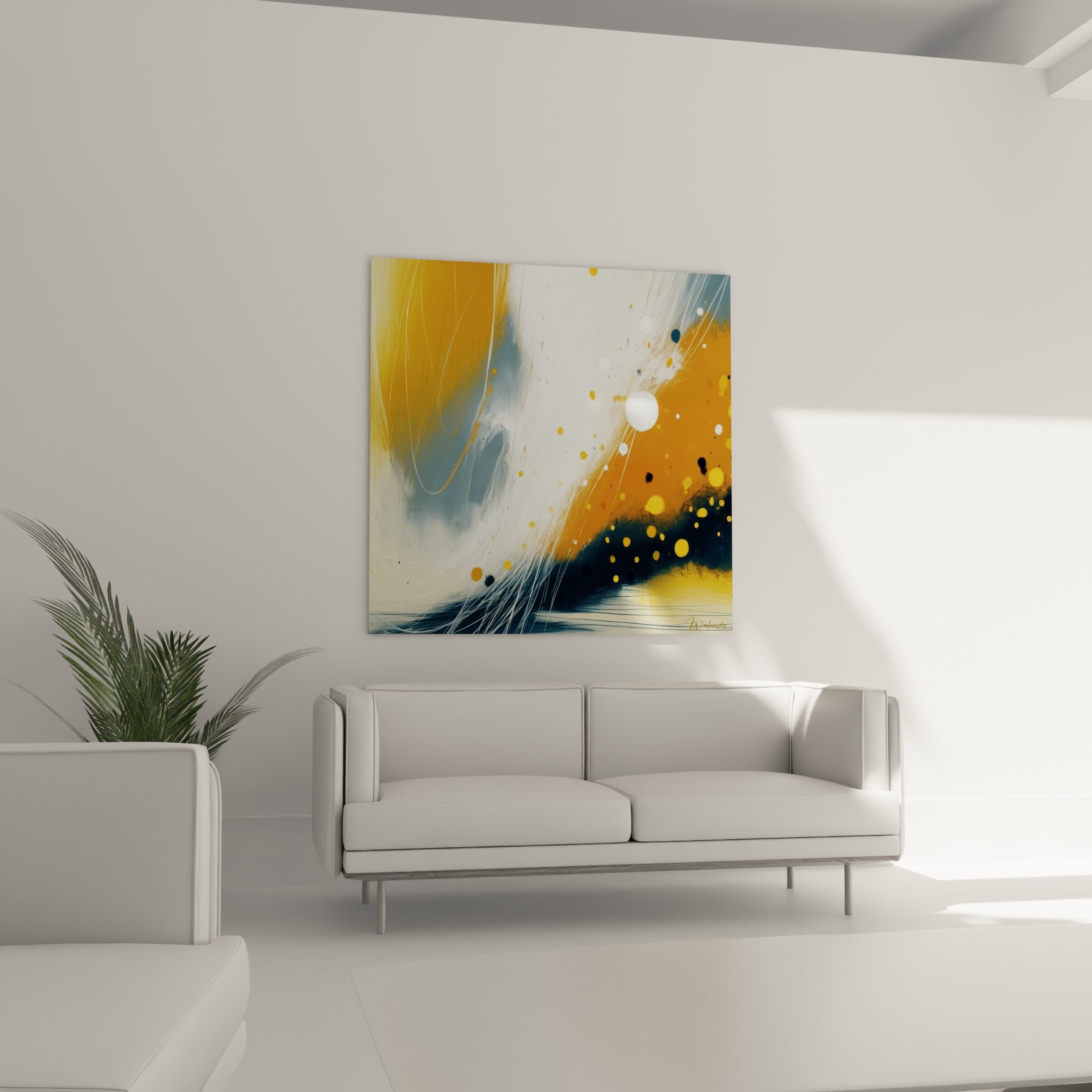Vagues d'ocre et de blanc traversées de points bleu marine, tableau artistique abstrait au-dessus d'un canapé dans un salon lumineux