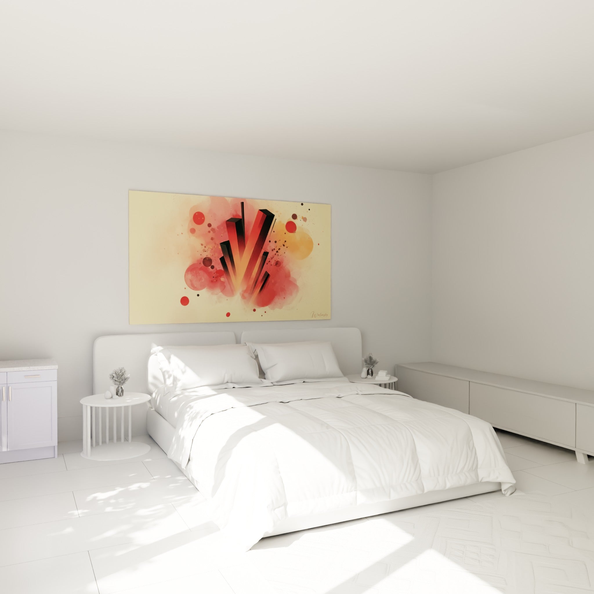 Formes élancées rouge et anthracite du tableau artistique abstrait au-dessus d'un lit dans une chambre claire