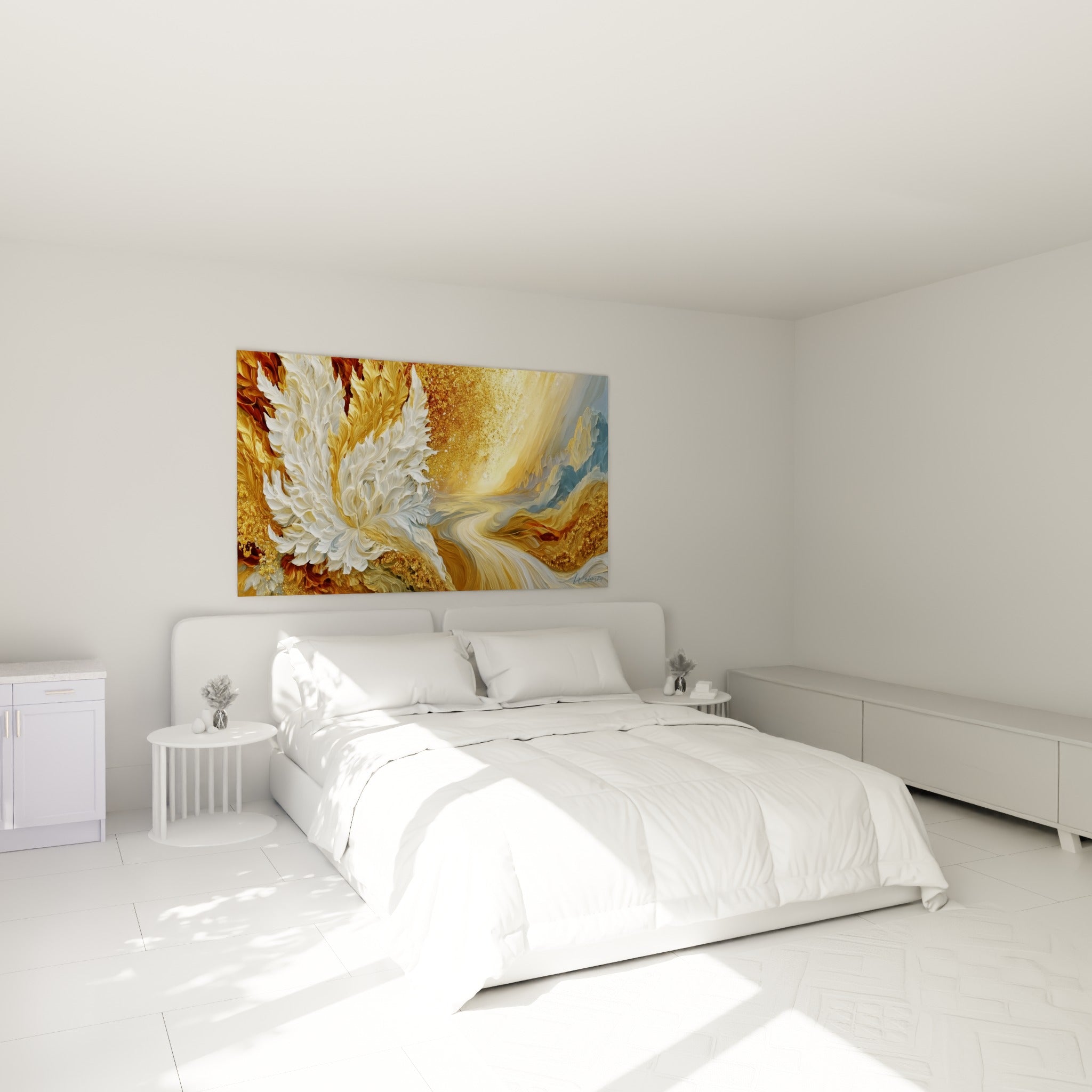 Éclosion blanche et flot doré accrochés au-dessus d'un lit dans une chambre claire